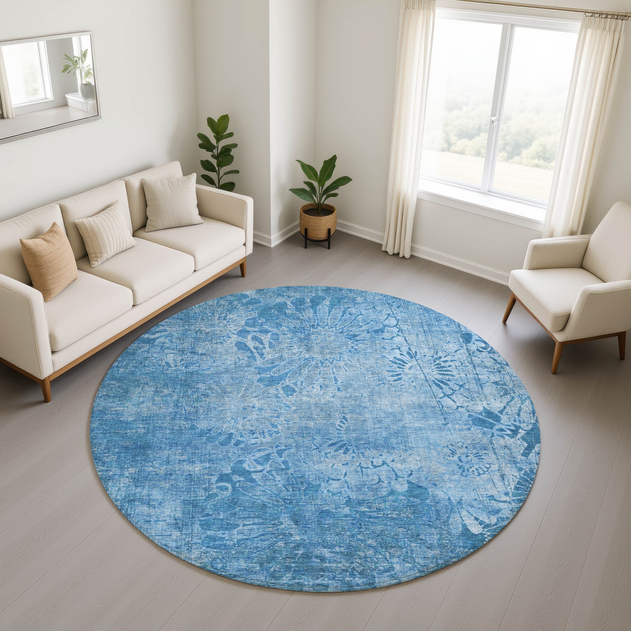 Hoi An Machine Washable Transitional Denim Blue Rug 8' x 8' #shape_Round