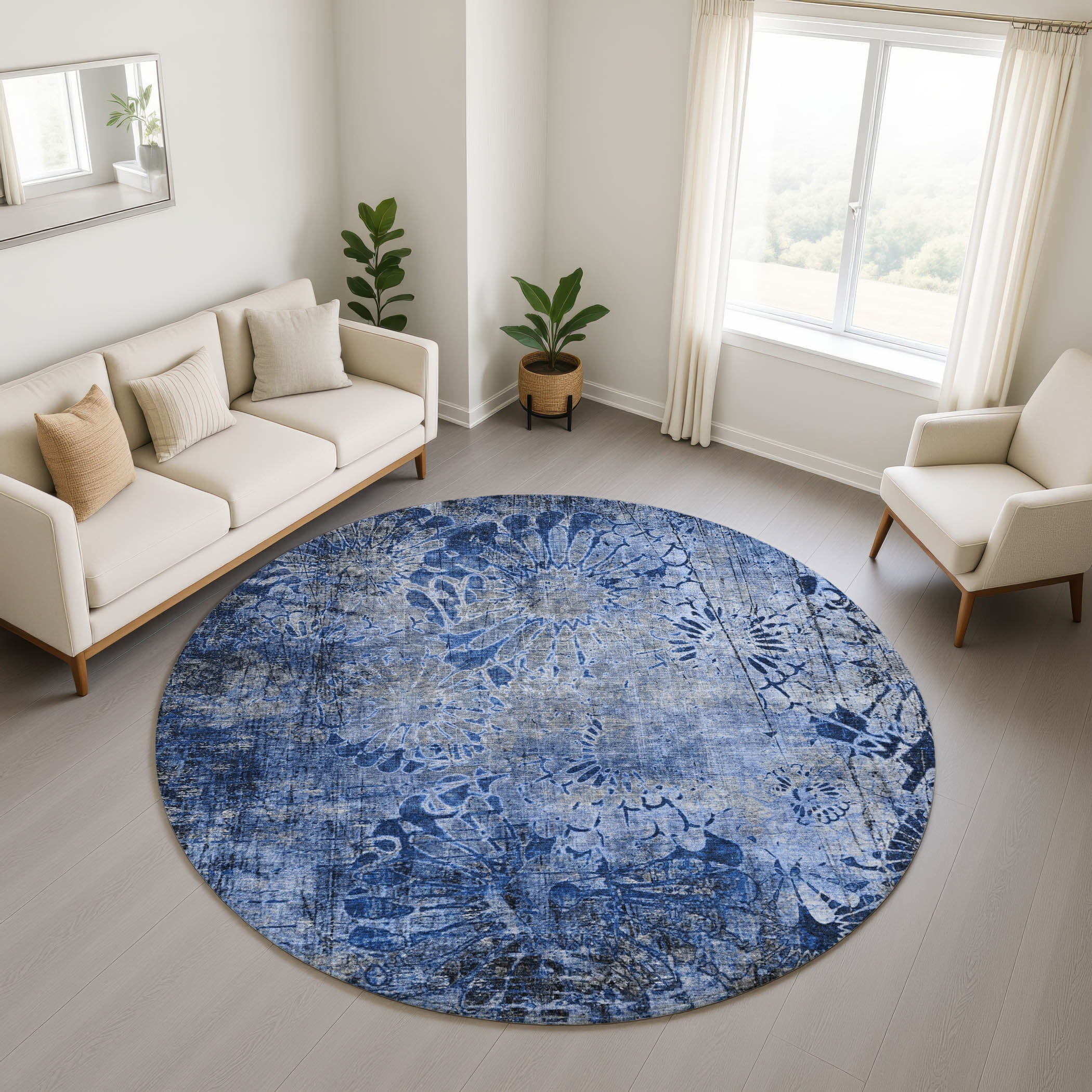 Hoi An Machine Washable Transitional Navy Blue Rug 8' x 8' #shape_Round