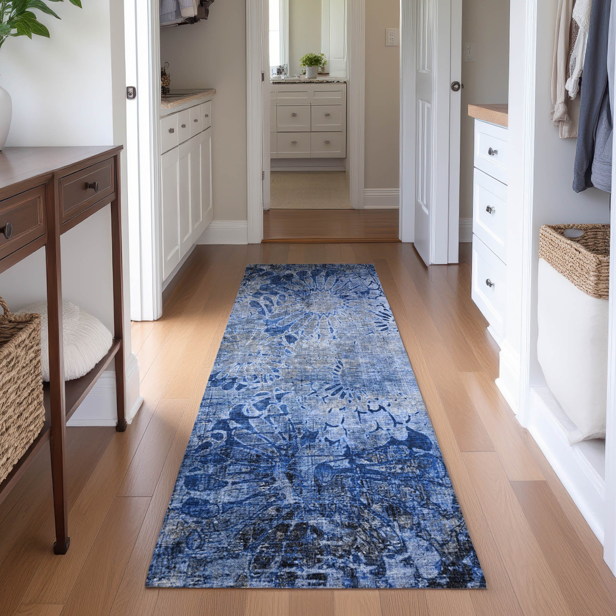 Hoi An Machine Washable Transitional Navy Blue Rug 2'3" x 7'6" #shape_Runner