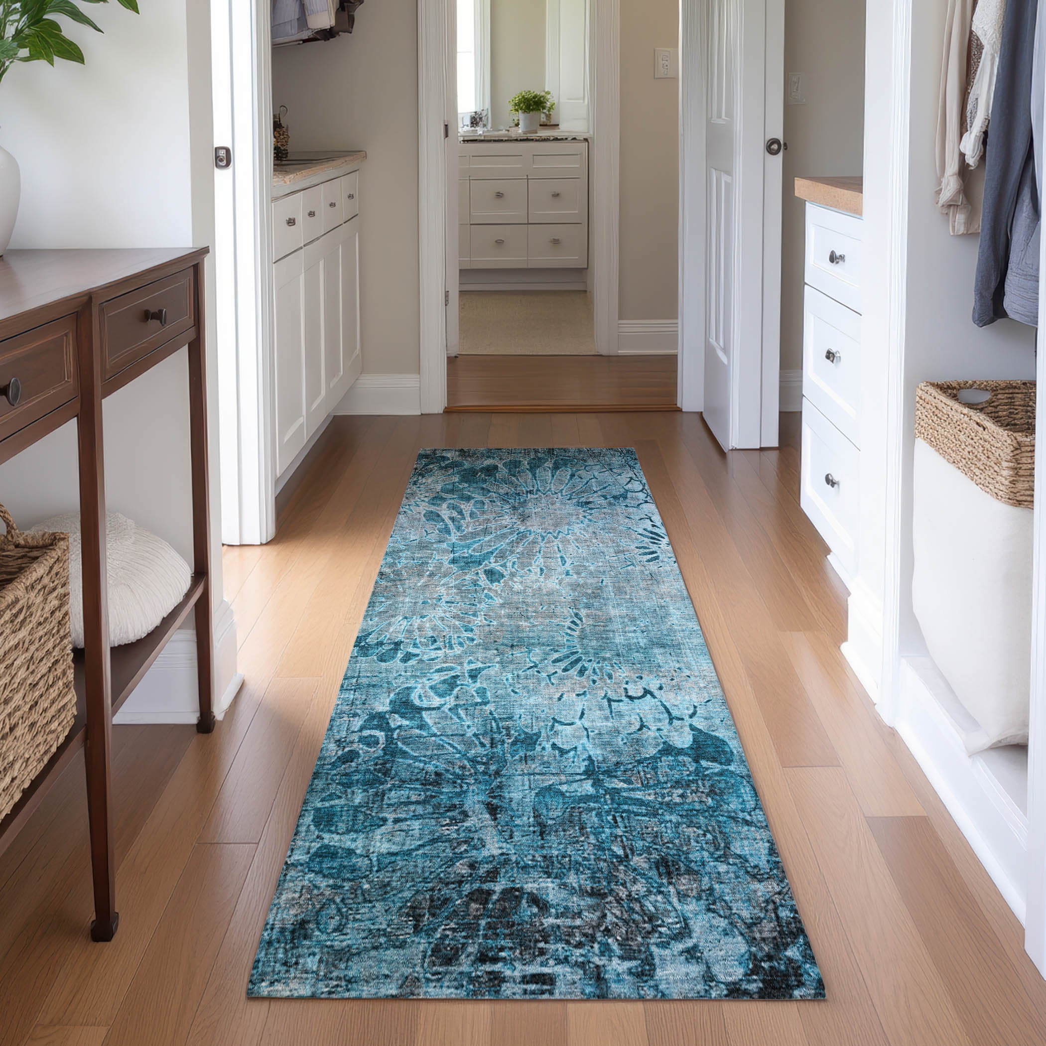 Hoi An Machine Washable Transitional Teal Rug 2'3" x 7'6" #shape_Runner