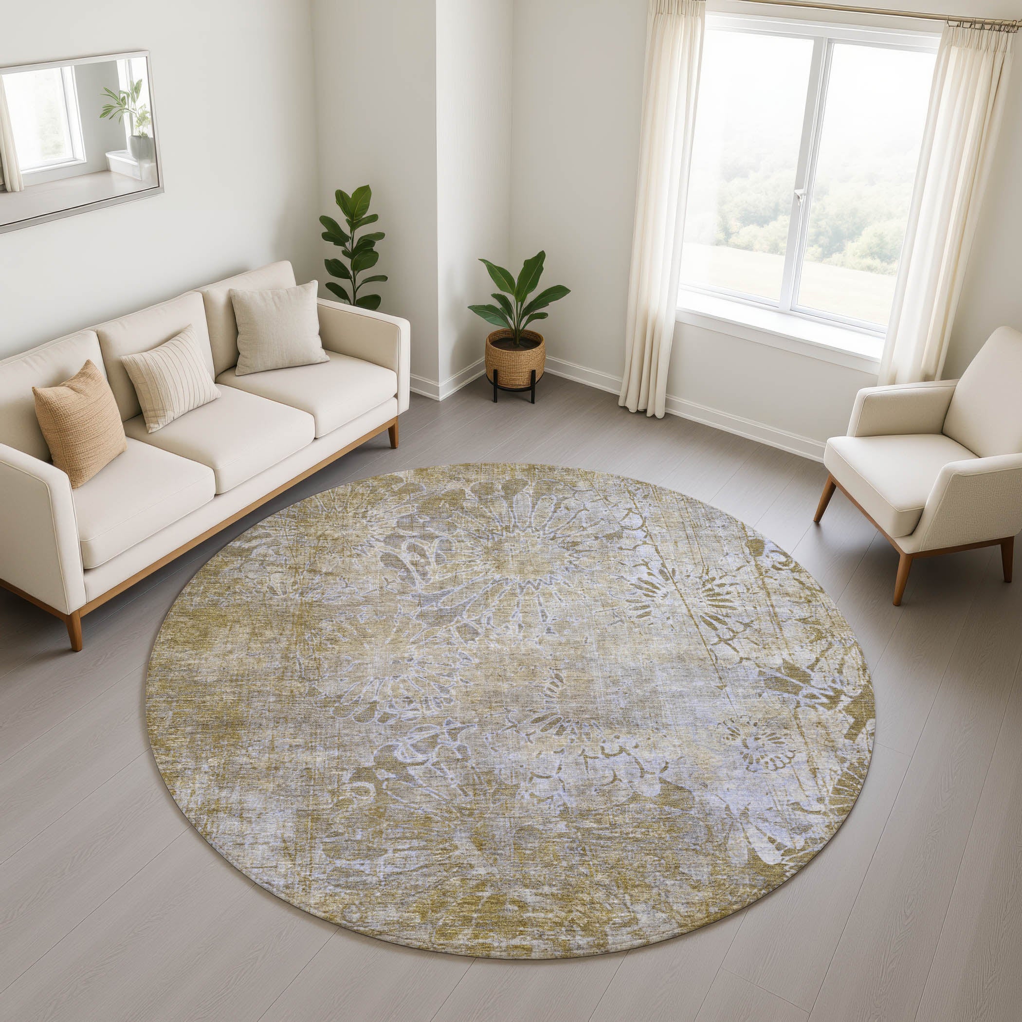 Hoi An Machine Washable Transitional Wheat Gold Rug 8' x 8' #shape_Round