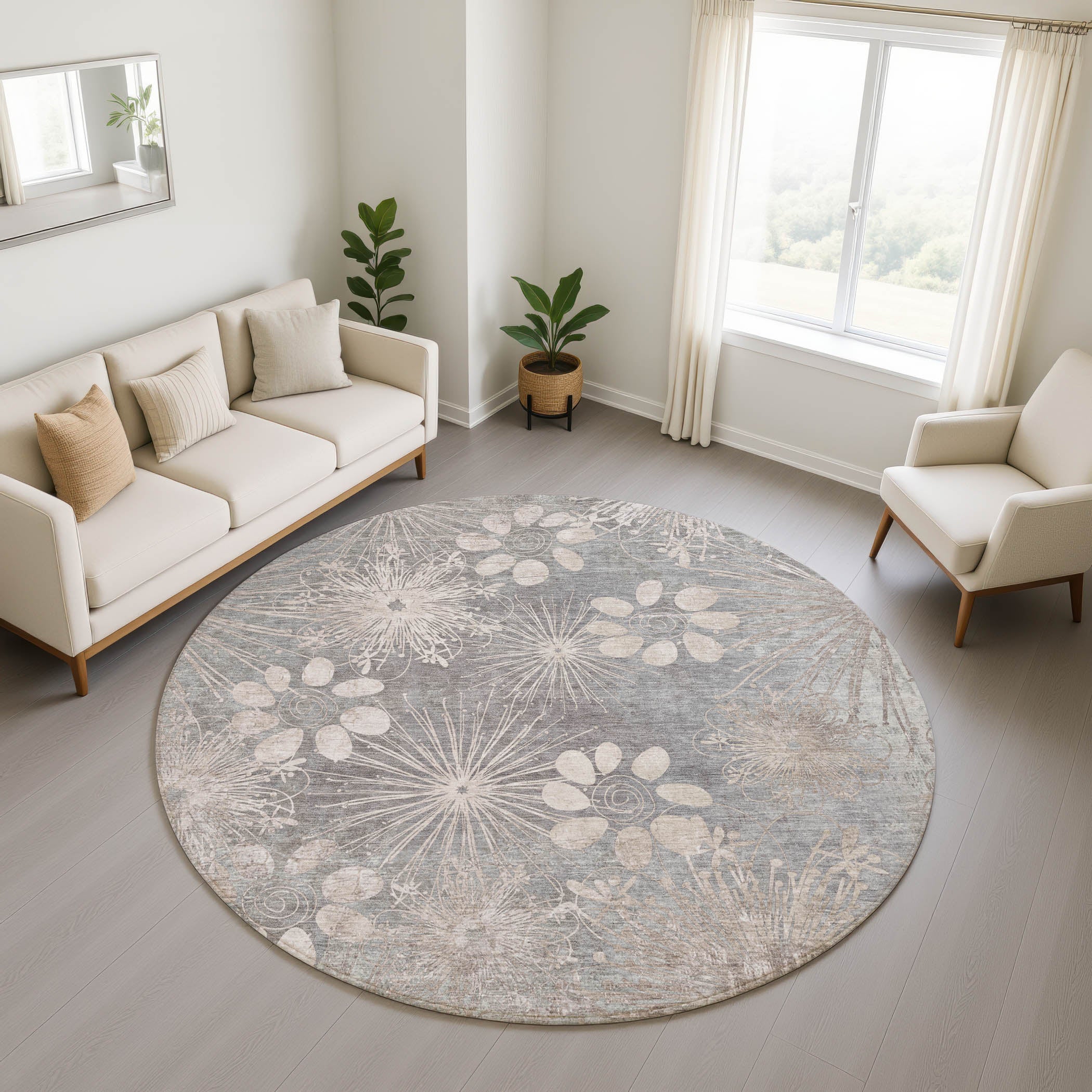 Tallinn Machine Washable Transitional Gray Rug 8' x 8' #shape_Round