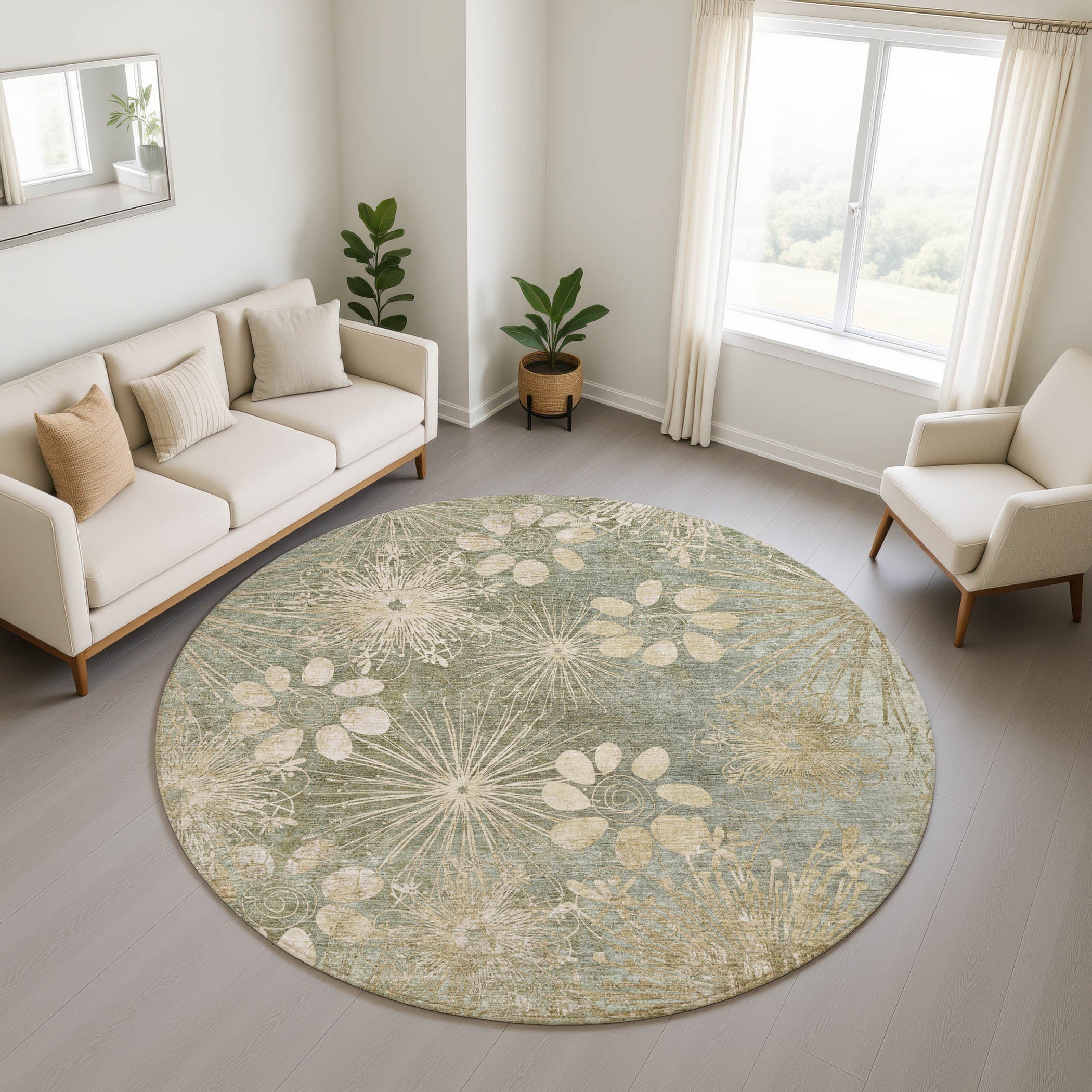 Tallinn Machine Washable Transitional Sage Green Rug 8' x 8' #shape_Round