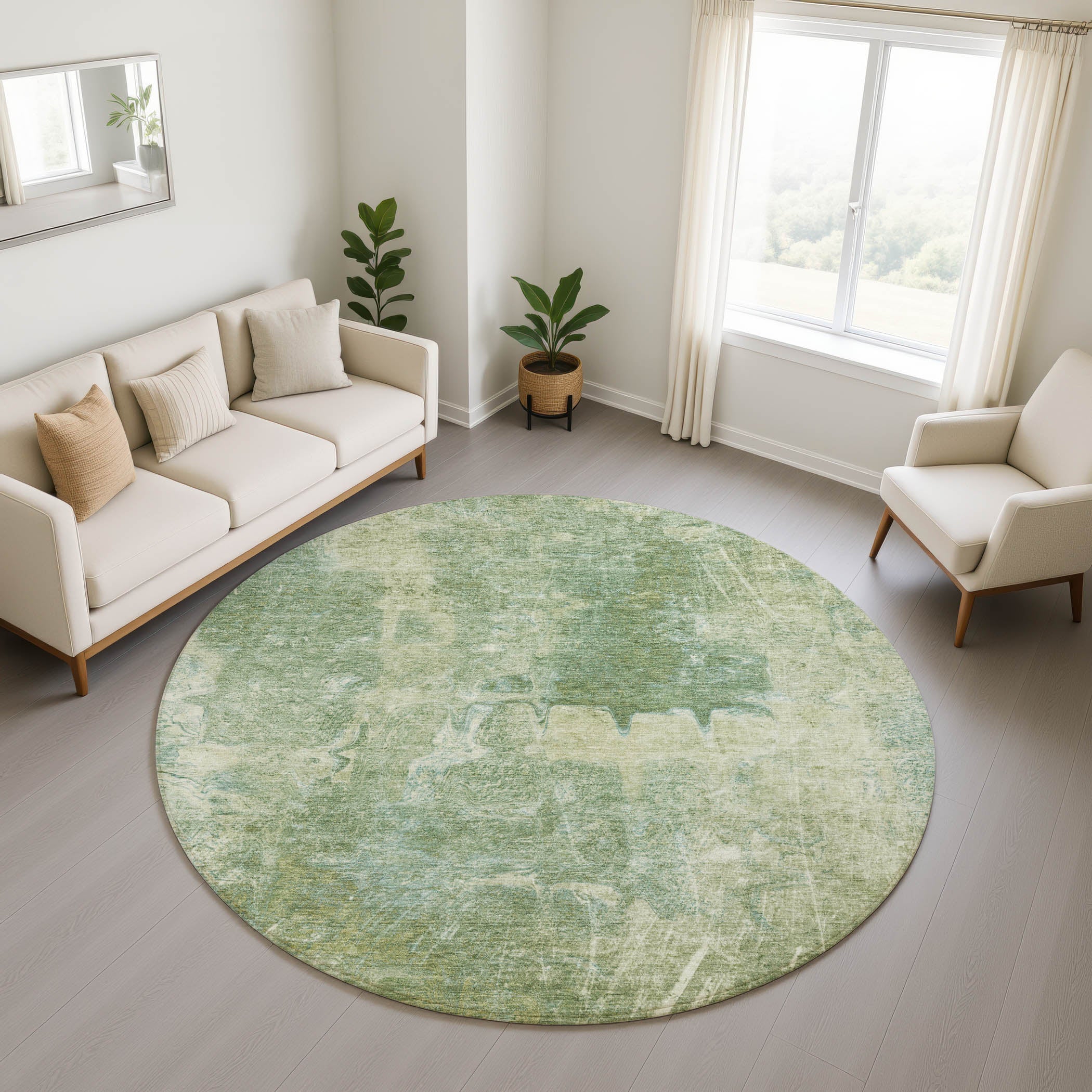 Oaxaca Machine Washable Transitional Aloe Green Rug 8' x 8' #shape_Round