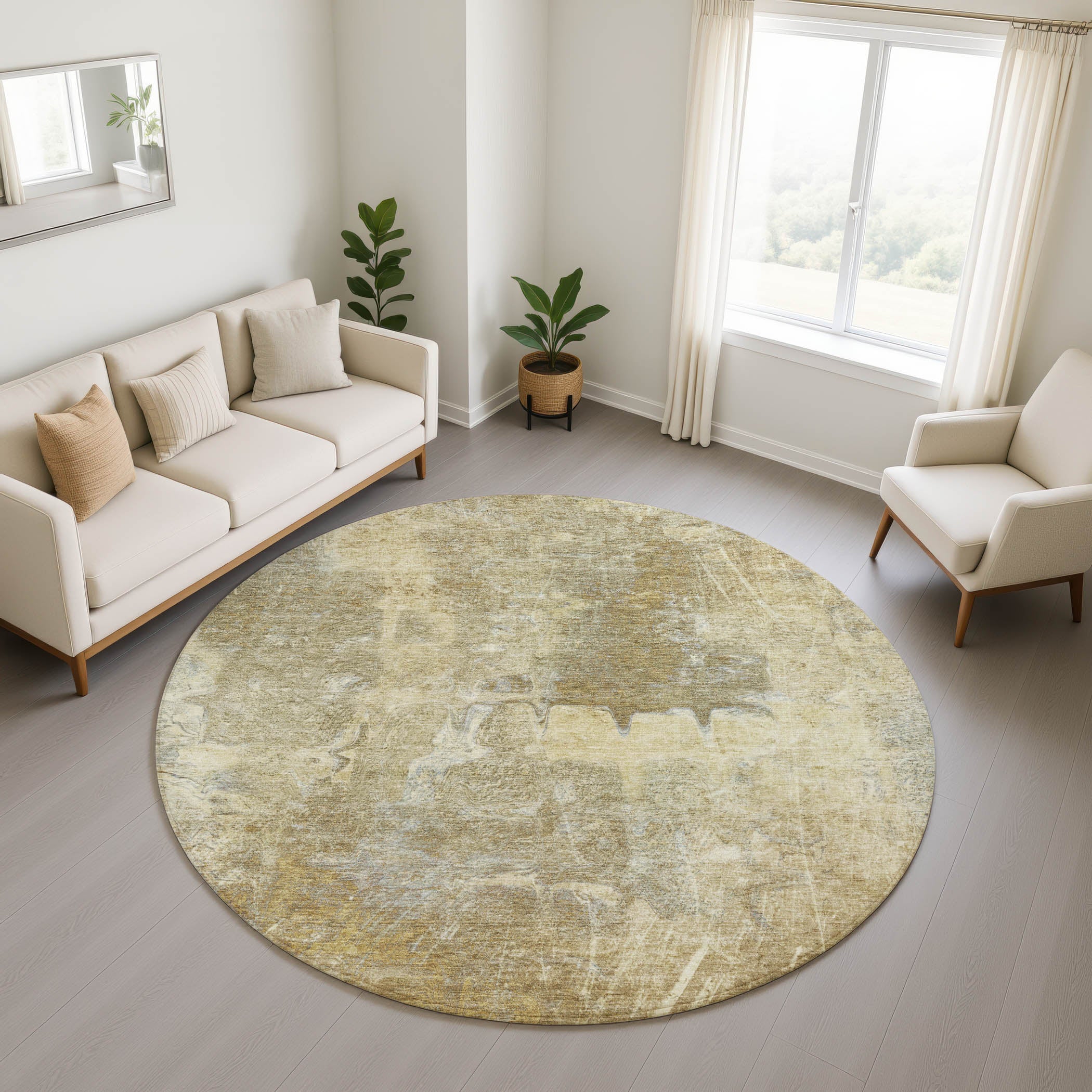 Oaxaca Machine Washable Transitional Khaki Brown Rug 8' x 8' #shape_Round