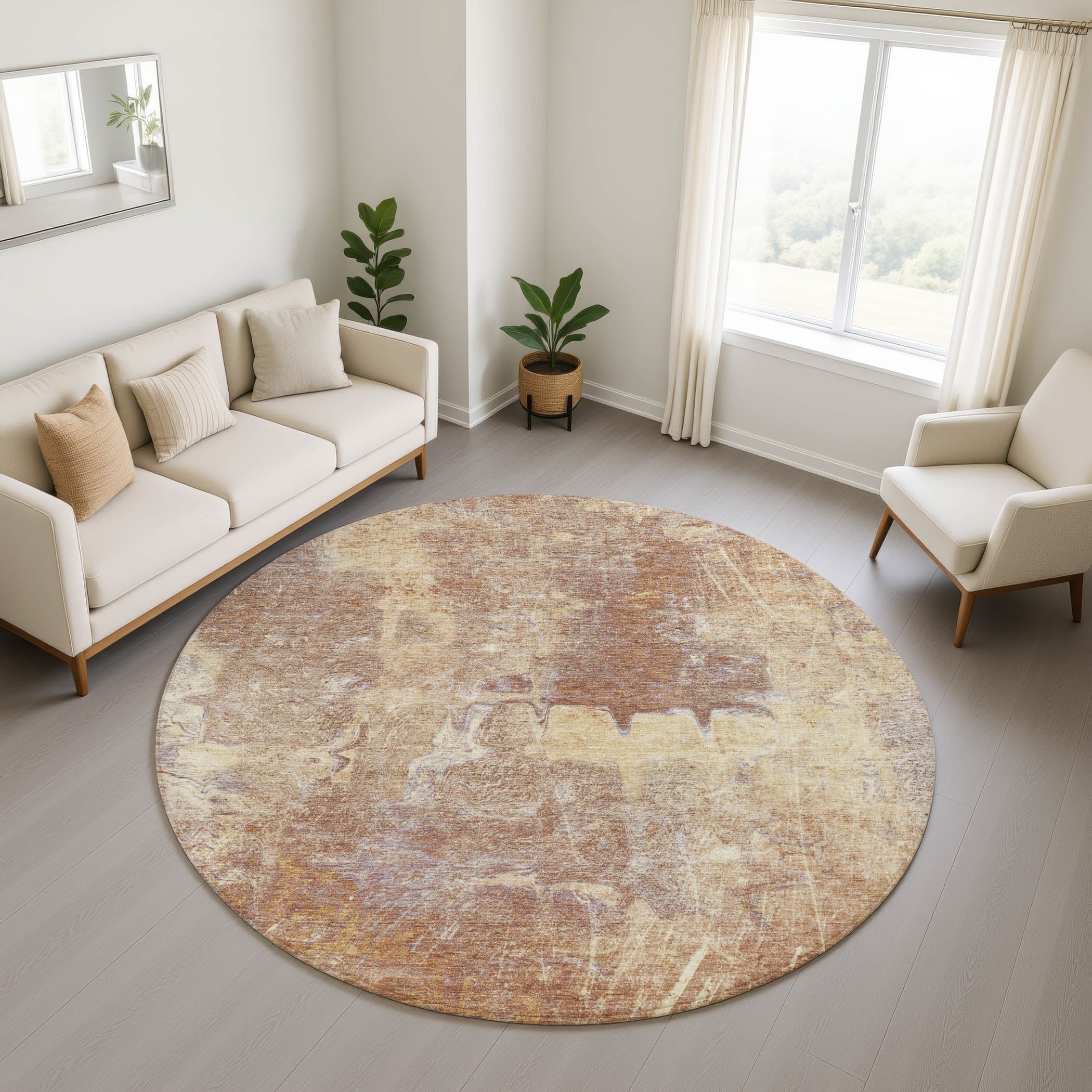 Oaxaca Machine Washable Transitional Terracotta Orange Rug 8' x 8' #shape_Round