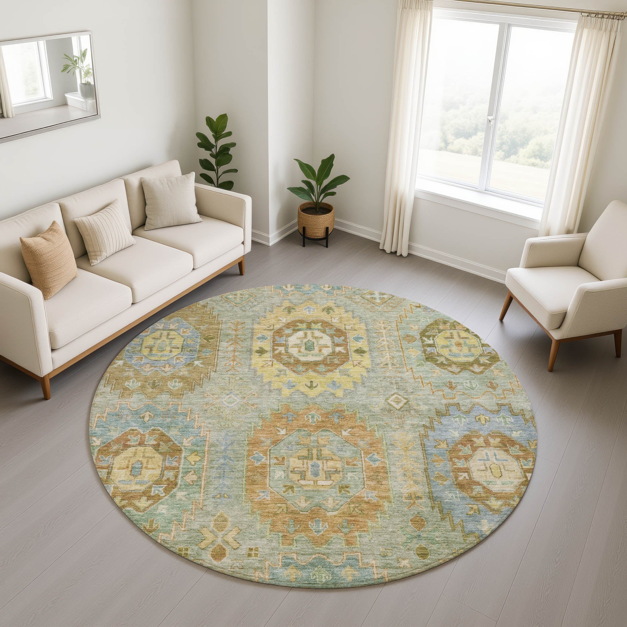 Cairo Machine Washable Traditional Aloe Green Rug 8' x 8' #shape_Round