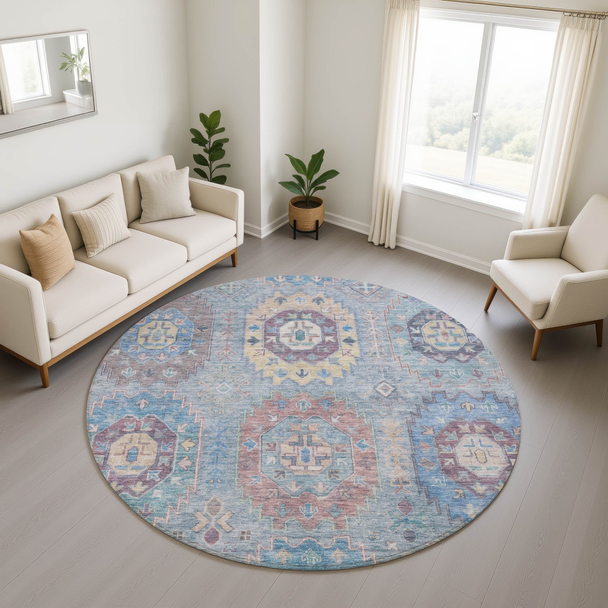 Cairo Machine Washable Traditional Blue Rug 8' x 8' #shape_Round