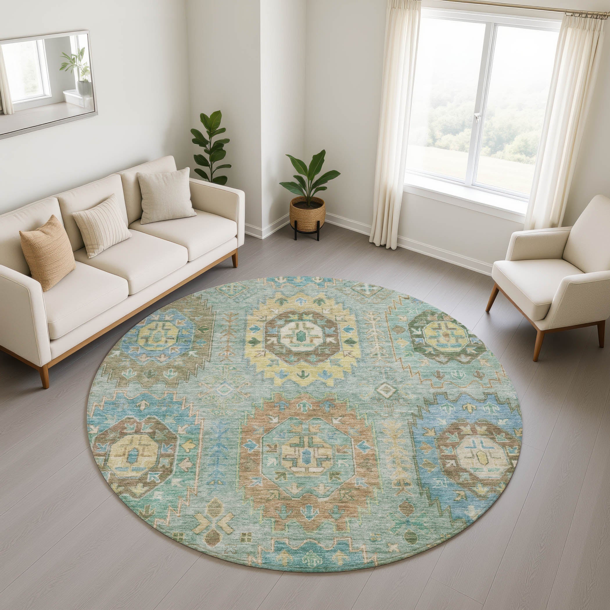 Cairo Machine Washable Traditional Teal Rug 8' x 8' #shape_Round
