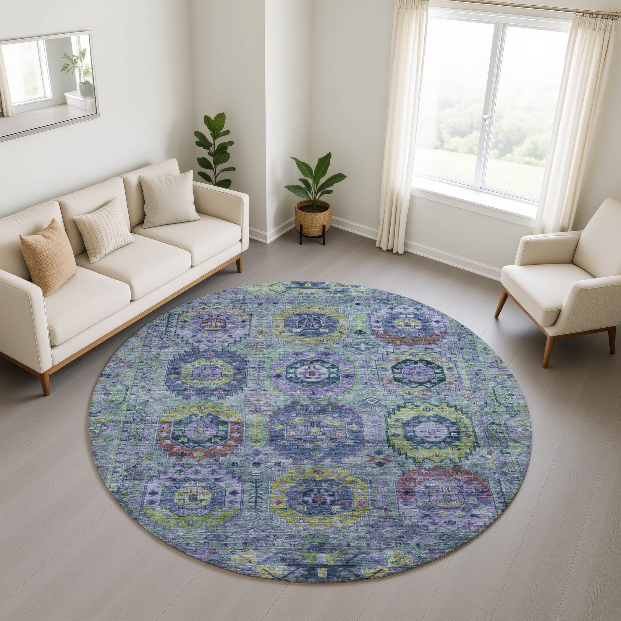 Reykjavik Machine Washable Traditional Green Rug 8' x 8' #shape_Round