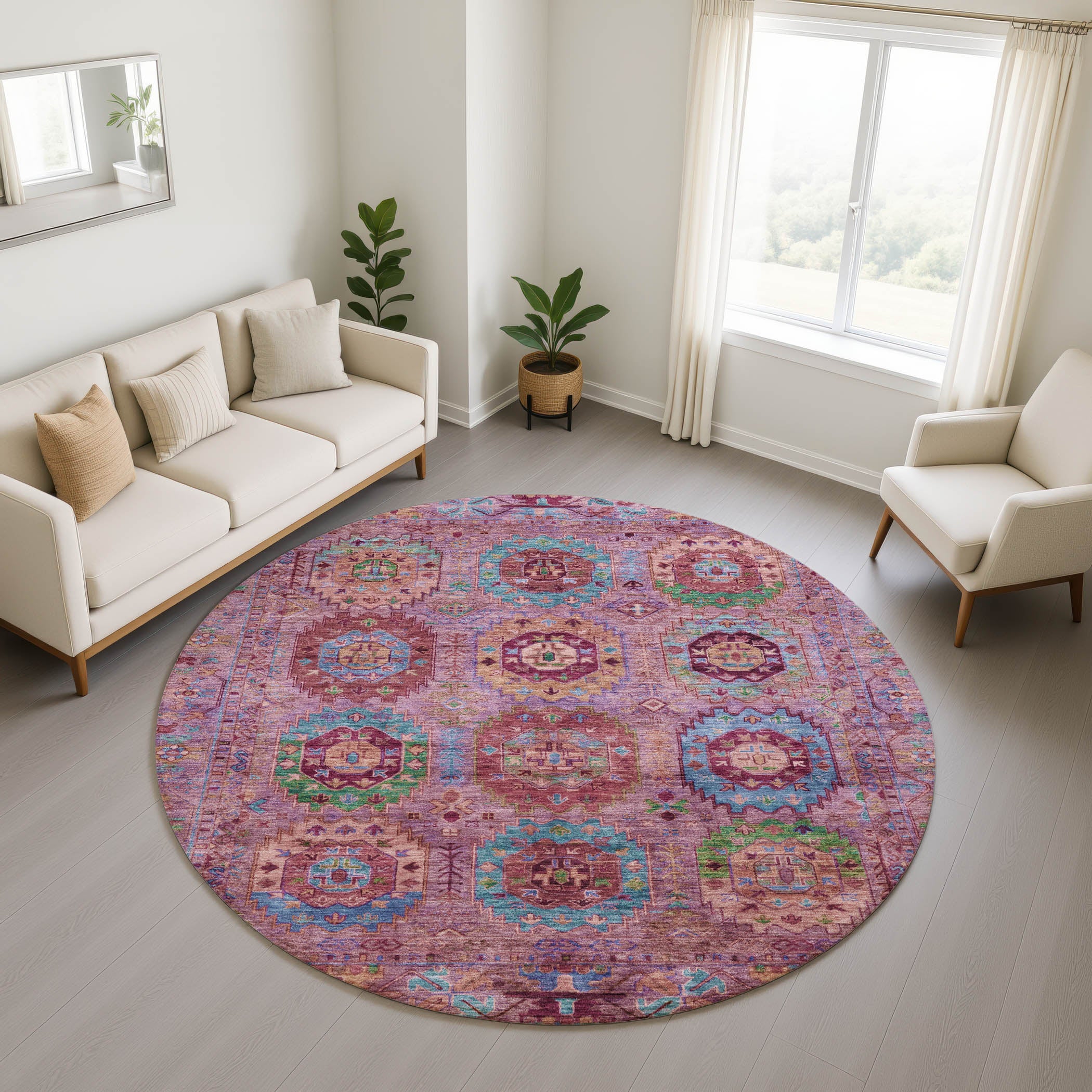 Reykjavik Machine Washable Traditional Pink Rug 8' x 8' #shape_Round