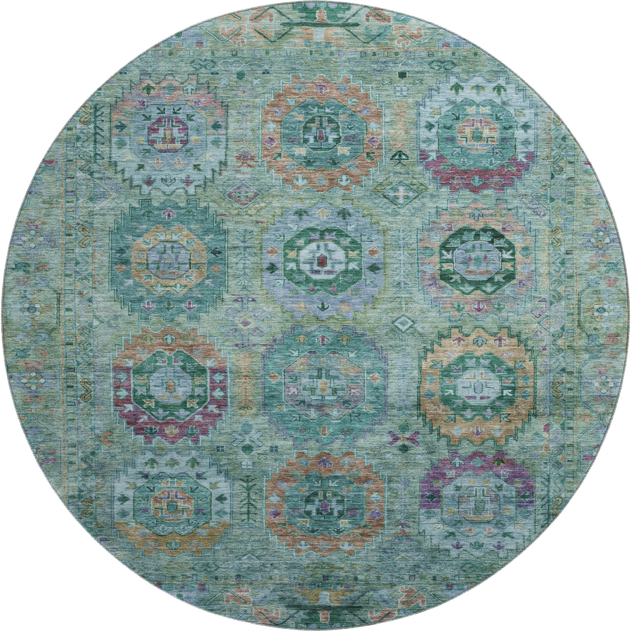 Reykjavik Machine Washable Traditional Teal Rug 8' x 8' #shape_Round