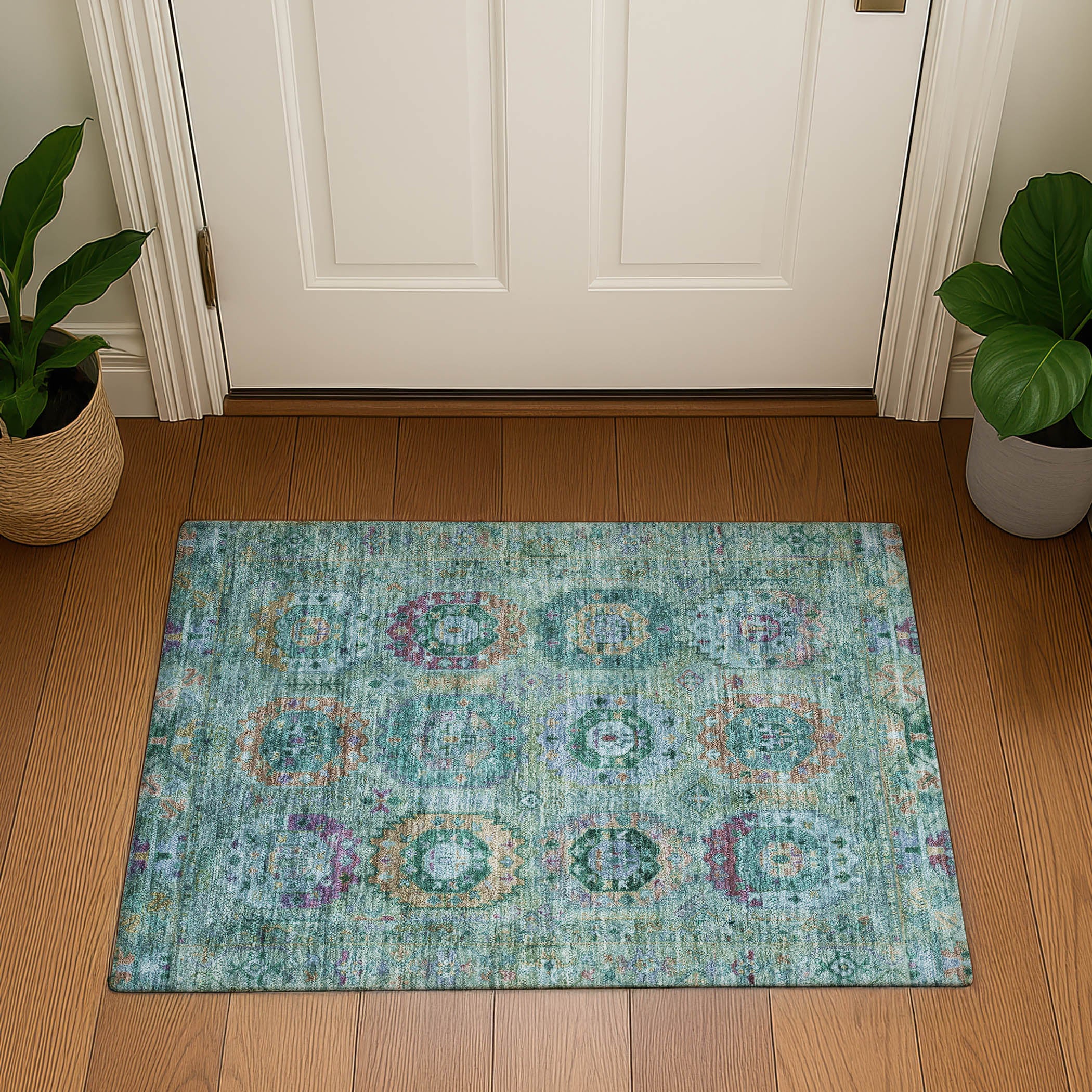 Reykjavik Machine Washable Traditional Teal Rug 1'8" x 2'6" #shape_Rectangle