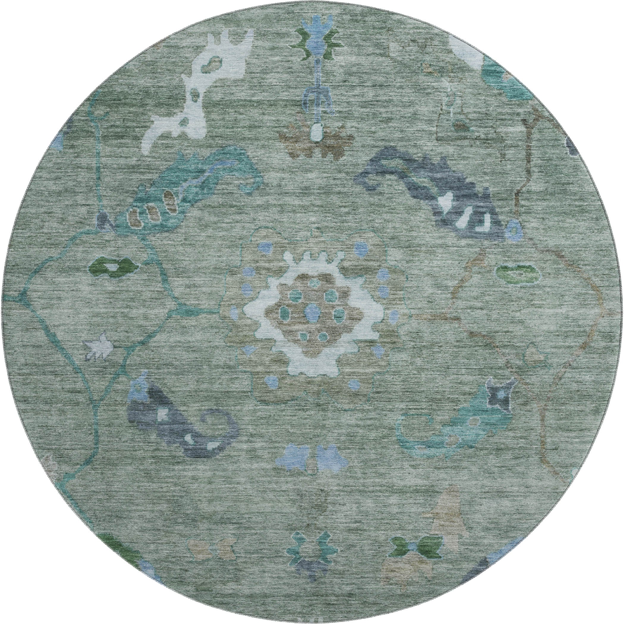 Bern Machine Washable Traditional Aloe Green Rug 8' x 8' #shape_Round