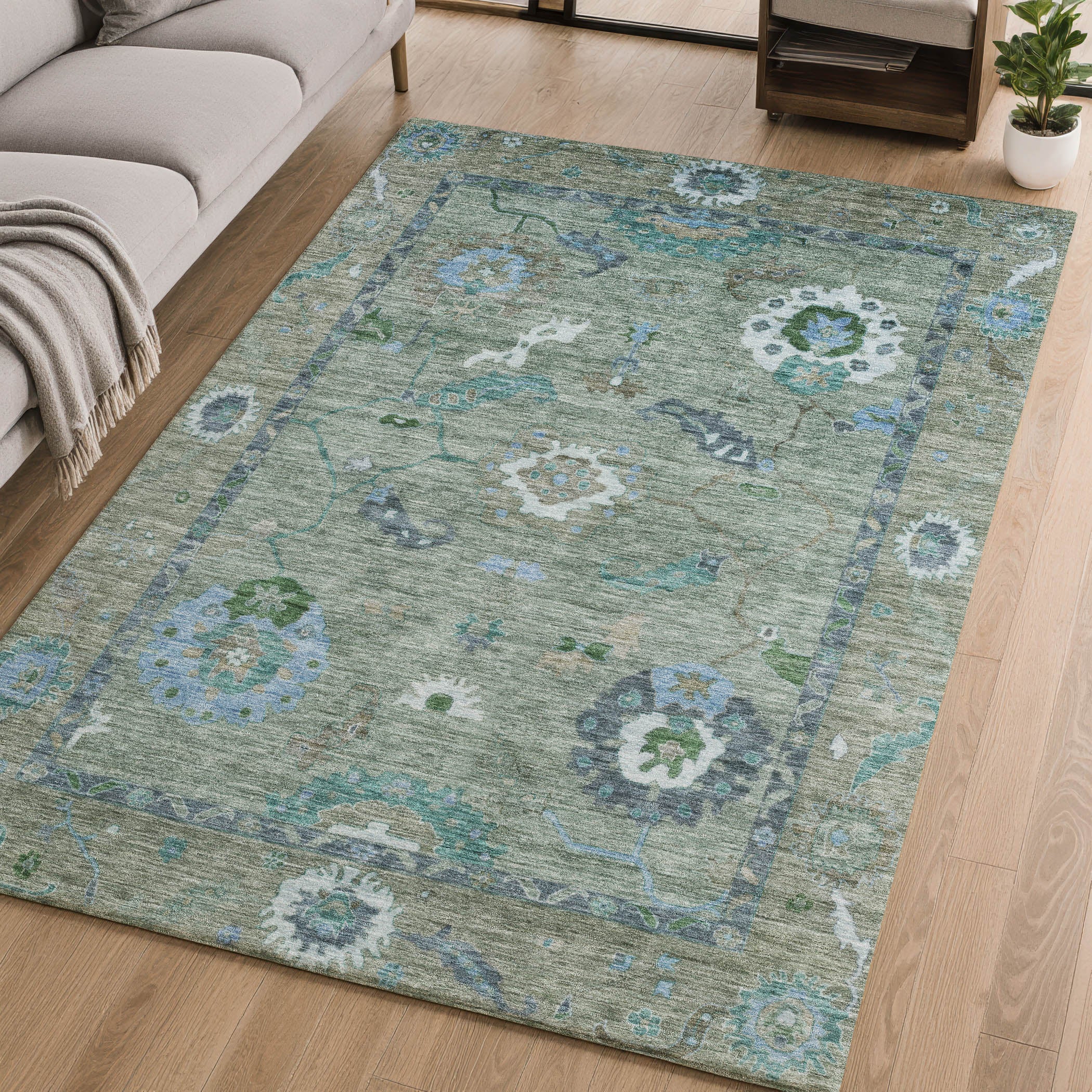 Bern Machine Washable Traditional Aloe Green Rug 2'6" x 3'10" #shape_Rectangle