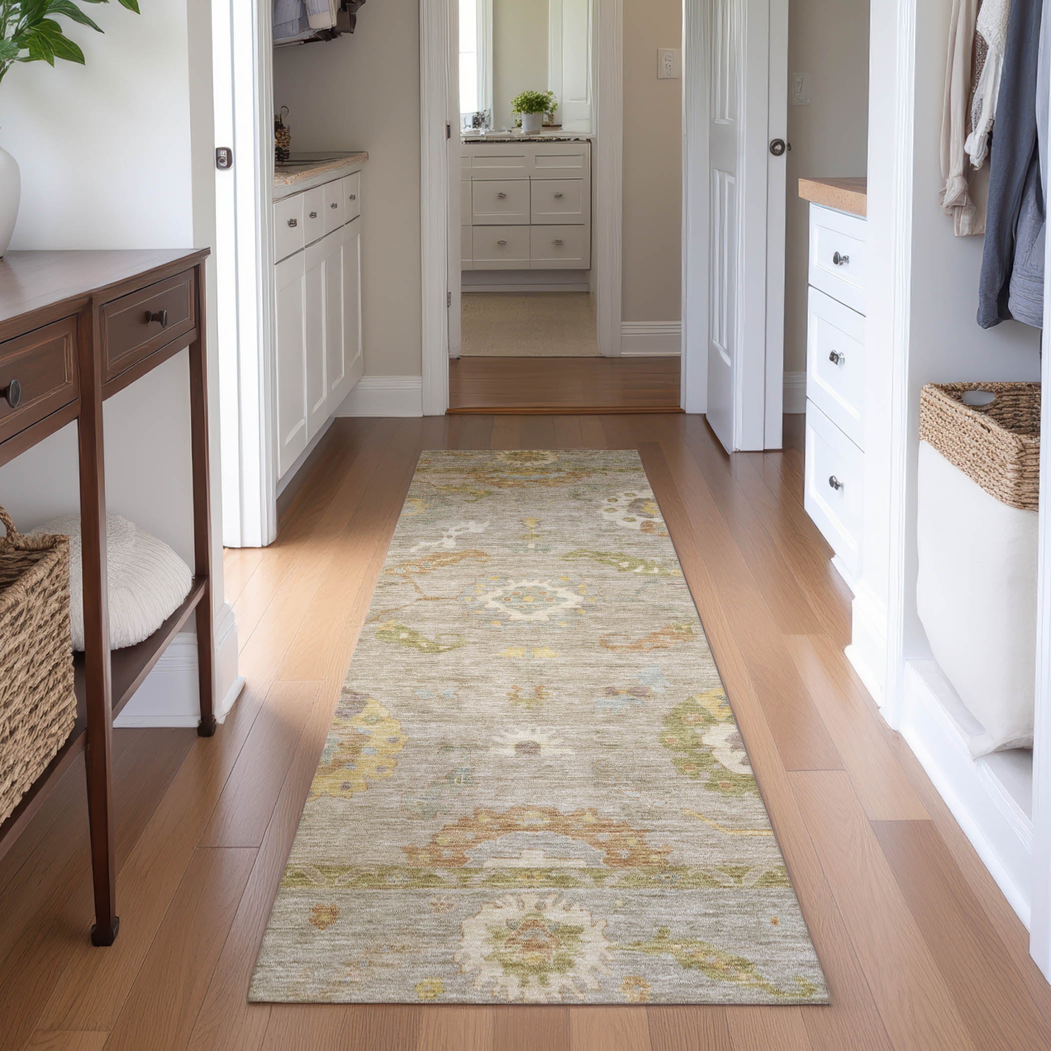 Bern Machine Washable Traditional Khaki Brown Rug 2'3" x 7'6" #shape_Runner
