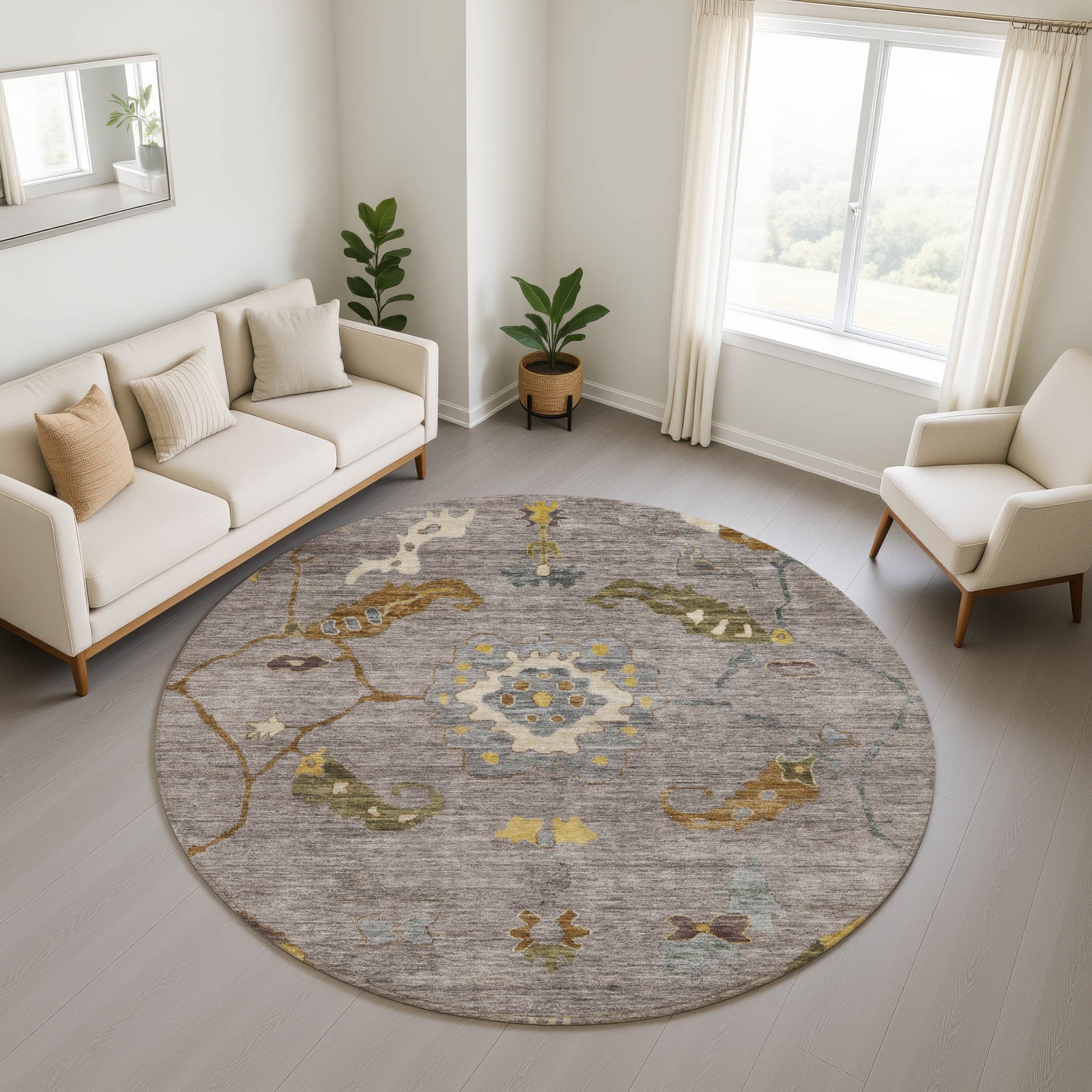 Bern Machine Washable Traditional Pewter Gray Rug 8' x 8' #shape_Round