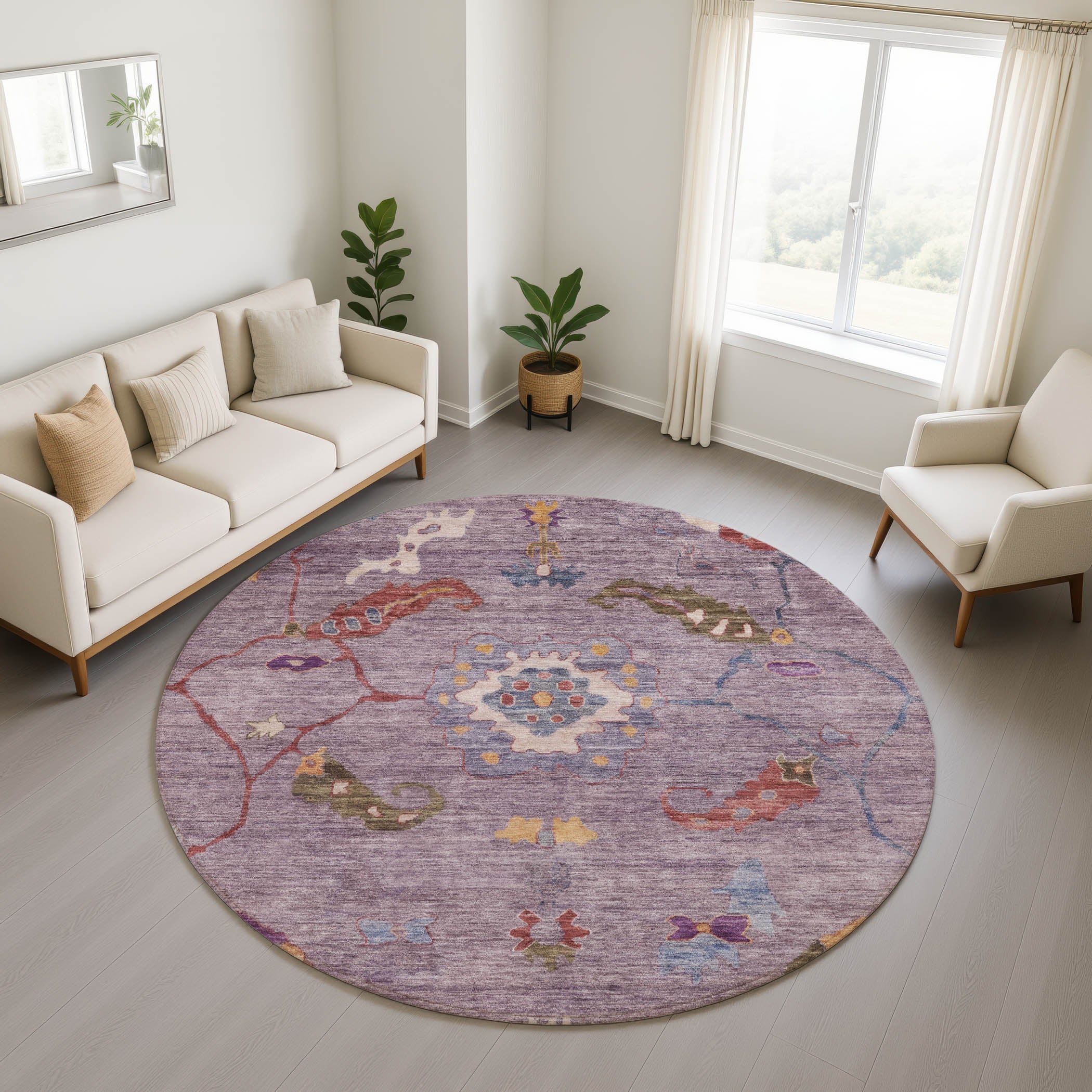 Bern Machine Washable Traditional Plum Purple Rug 8' x 8' #shape_Round