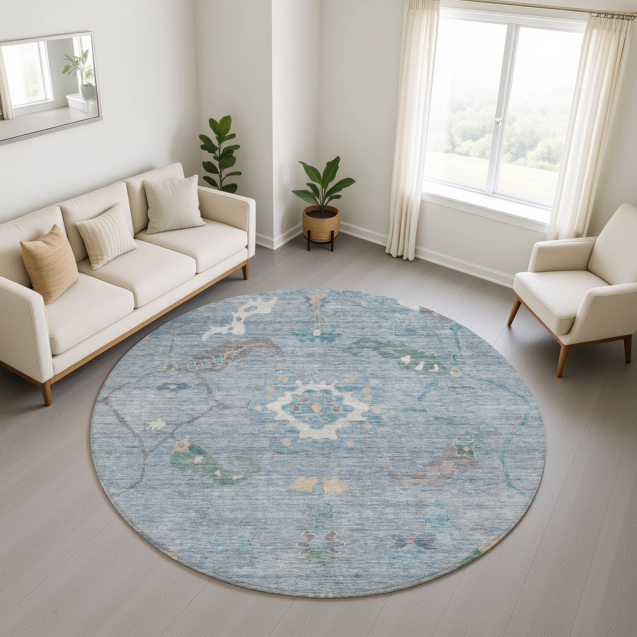 Bern Machine Washable Traditional Sky Blue Rug 8' x 8' #shape_Round