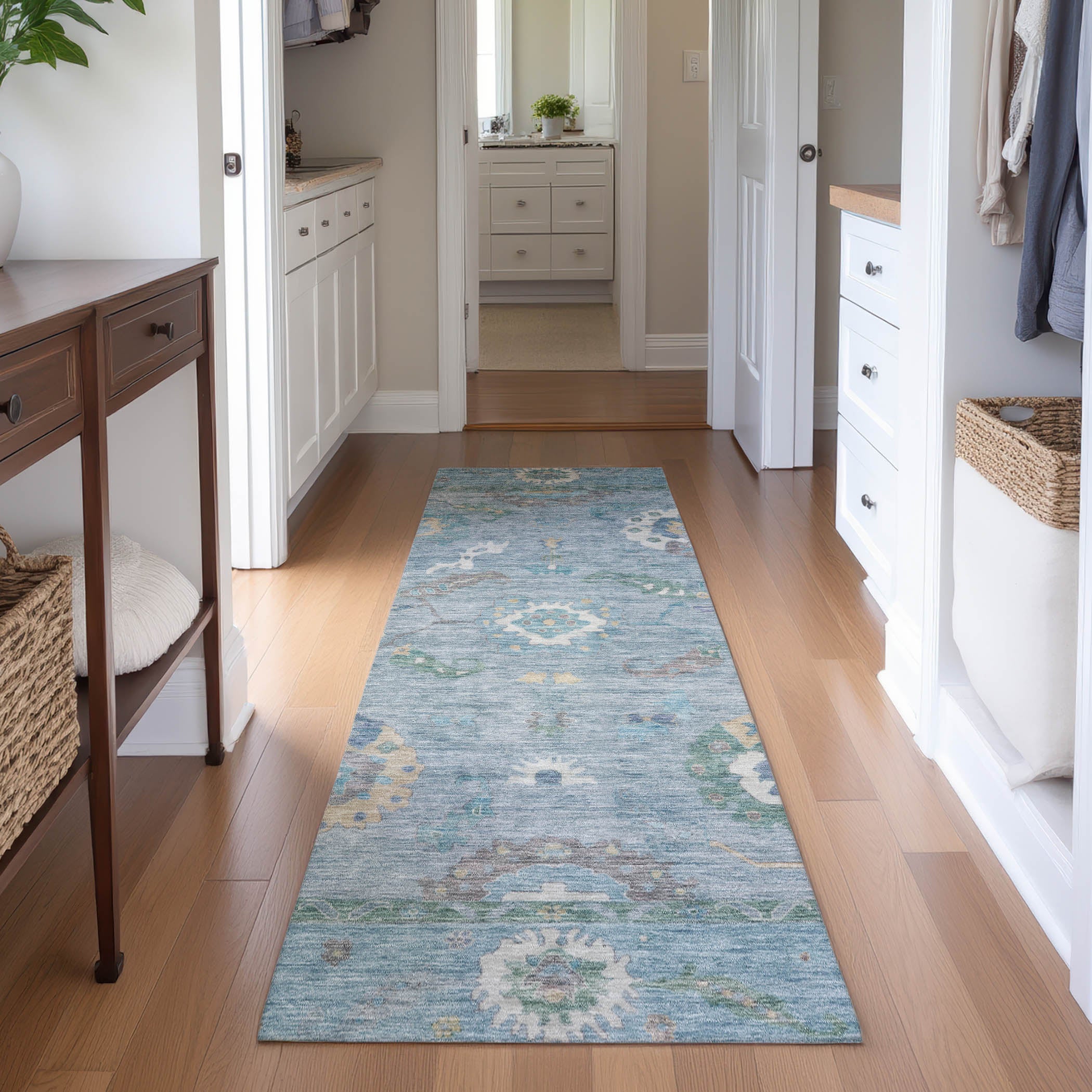 Bern Machine Washable Traditional Sky Blue Rug 2'3" x 7'6" #shape_Runner