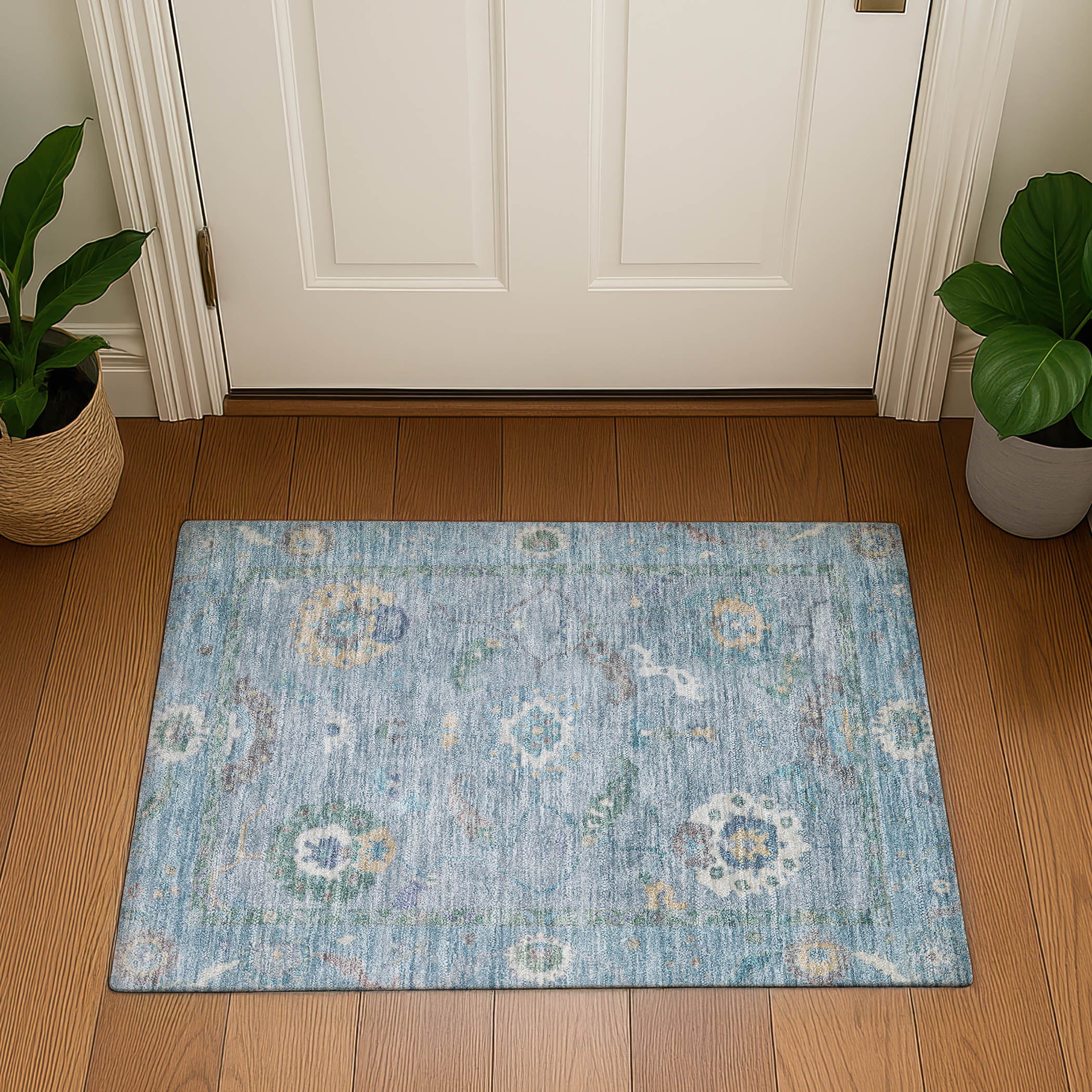 Bern Machine Washable Traditional Sky Blue Rug 1'8" x 2'6" #shape_Rectangle