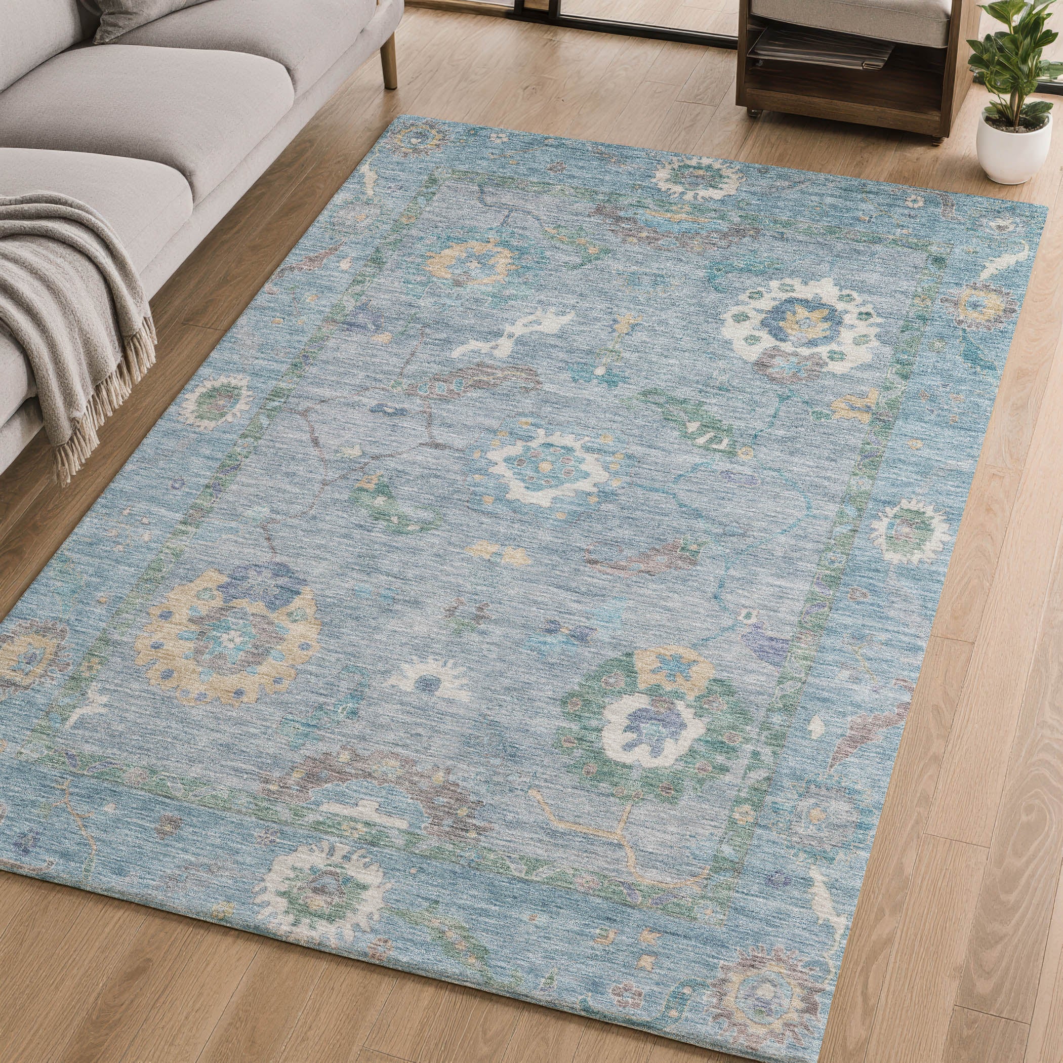 Bern Machine Washable Traditional Sky Blue Rug 2'6" x 3'10" #shape_Rectangle