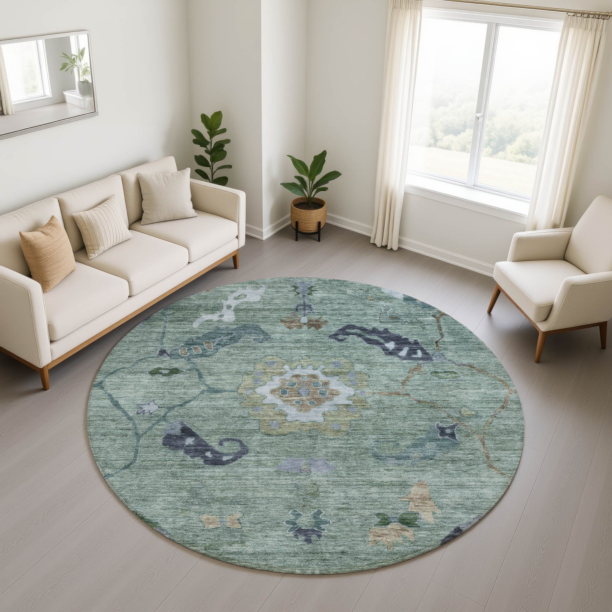 Kathmandu Machine Washable Traditional Green Rug 8' x 8' #shape_Round