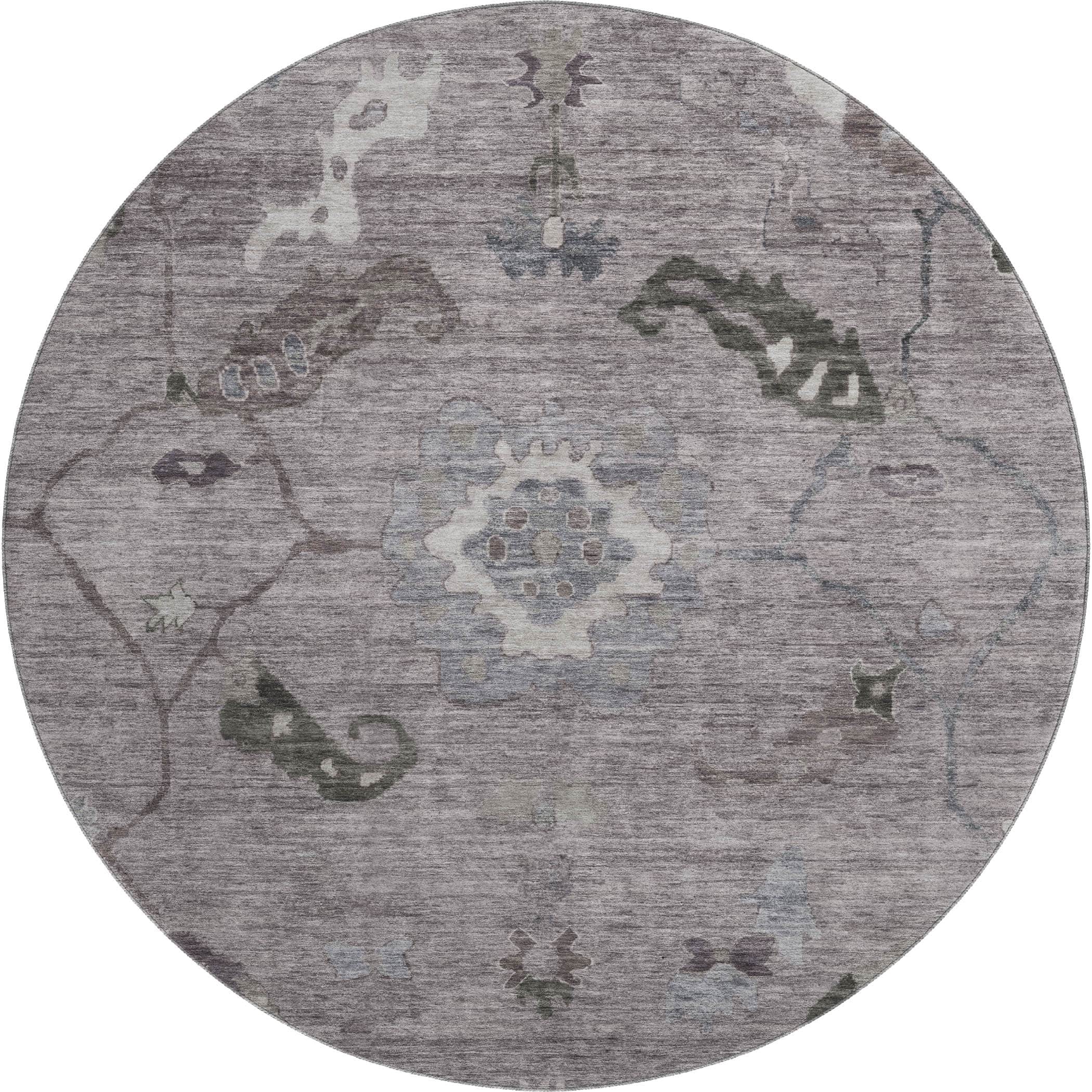 Kathmandu Machine Washable Traditional Pewter Gray Rug 8' x 8' #shape_Round
