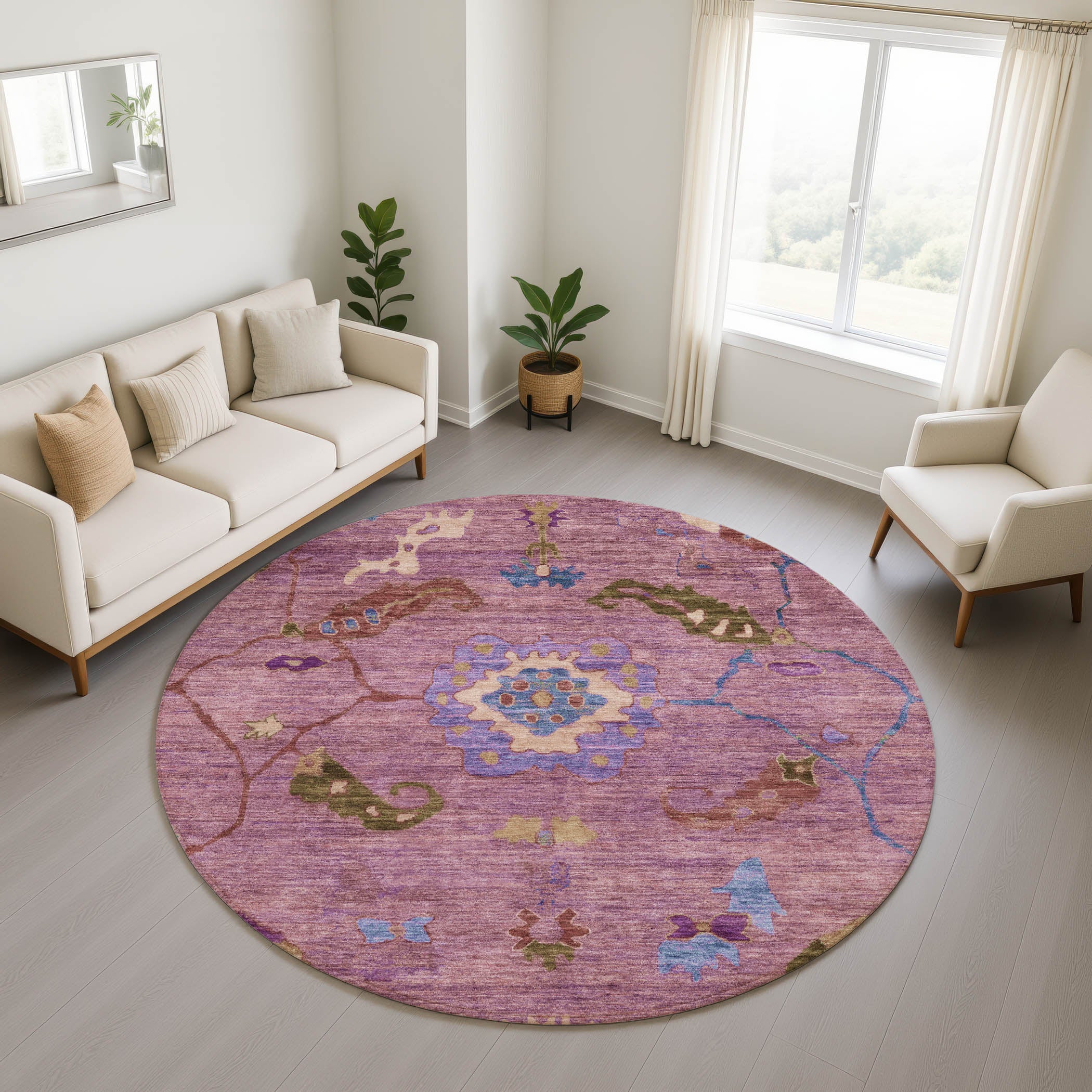 Kathmandu Machine Washable Traditional Pink Rug 8' x 8' #shape_Round