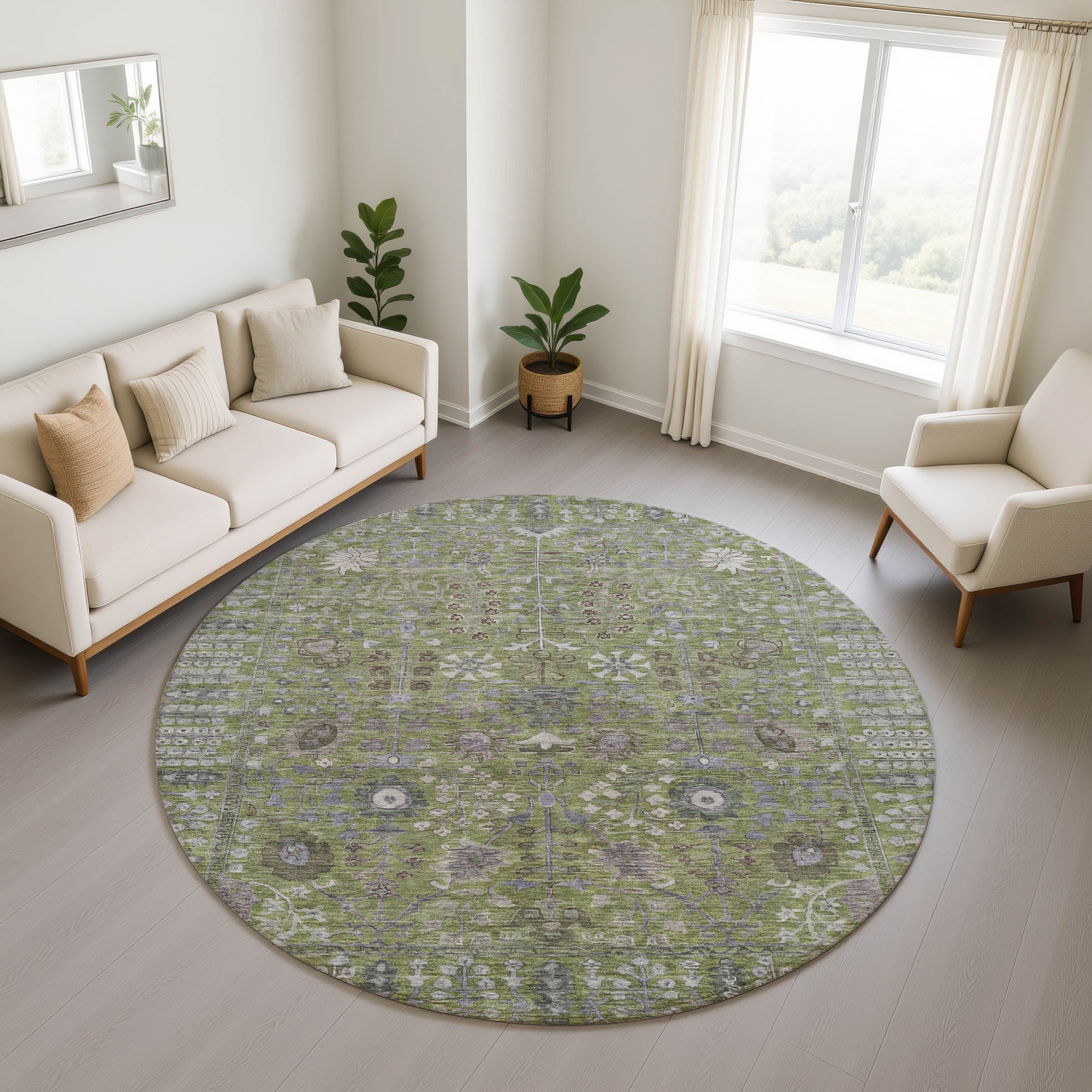 Montevideo Machine Washable Traditional Aloe Green Rug 8' x 8' #shape_Round
