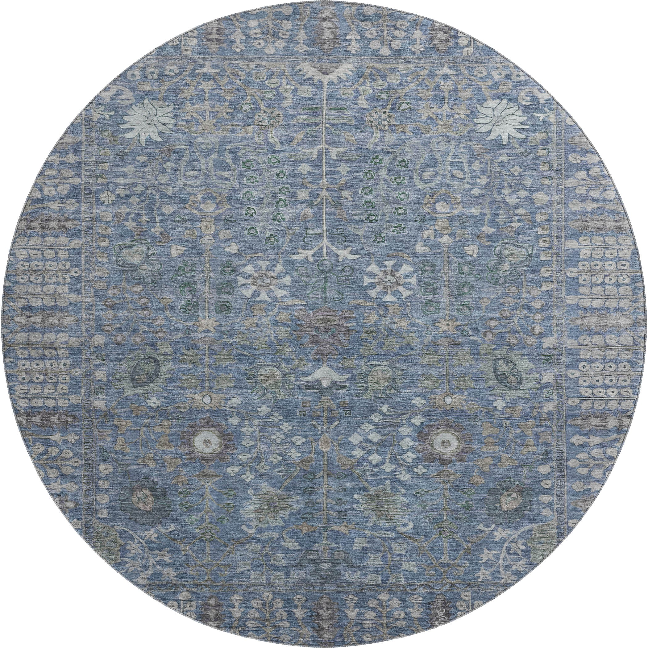 Montevideo Machine Washable Traditional Blue Rug 8' x 8' #shape_Round