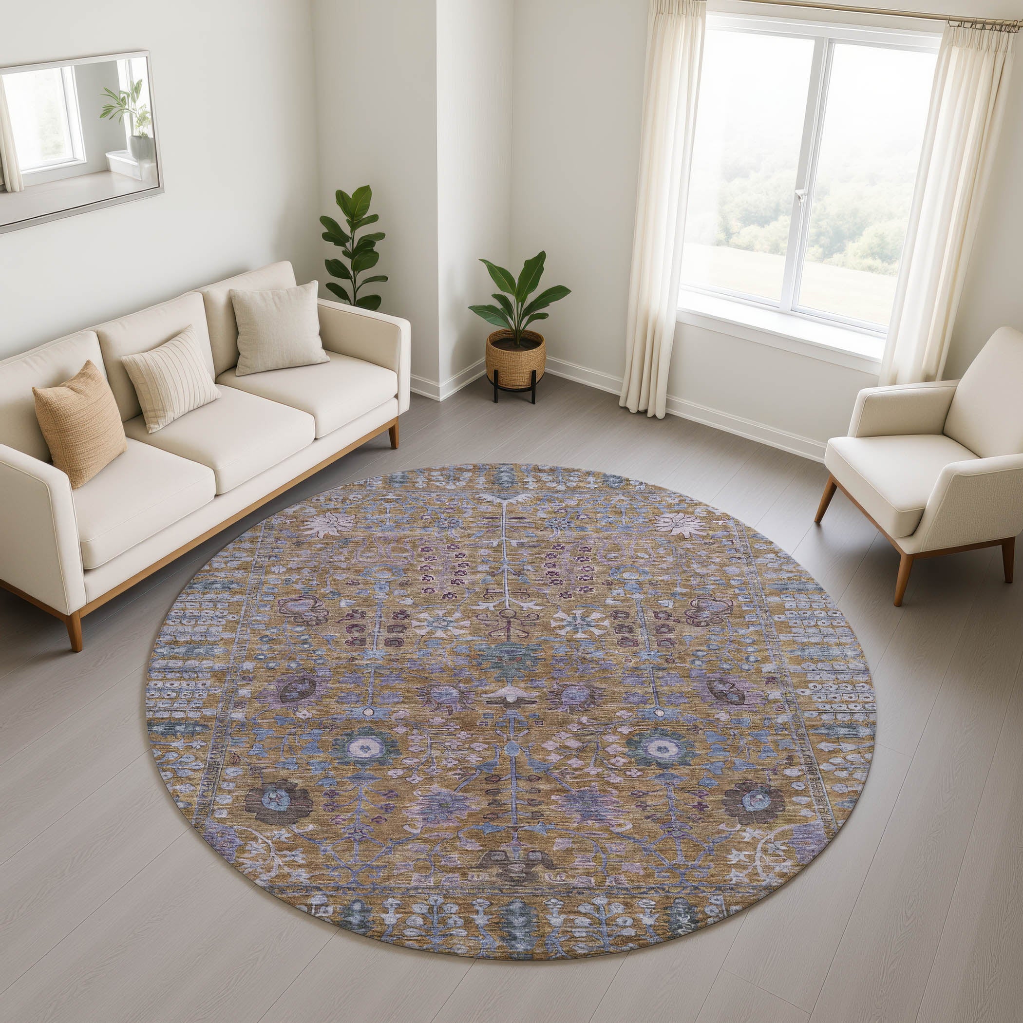 Montevideo Machine Washable Traditional Brown Rug 8' x 8' #shape_Round