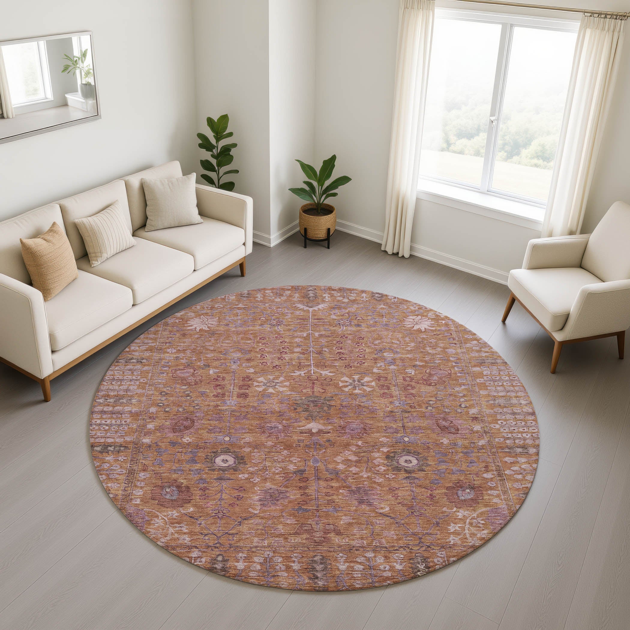 Montevideo Machine Washable Traditional Copper Orange Rug 8' x 8' #shape_Round