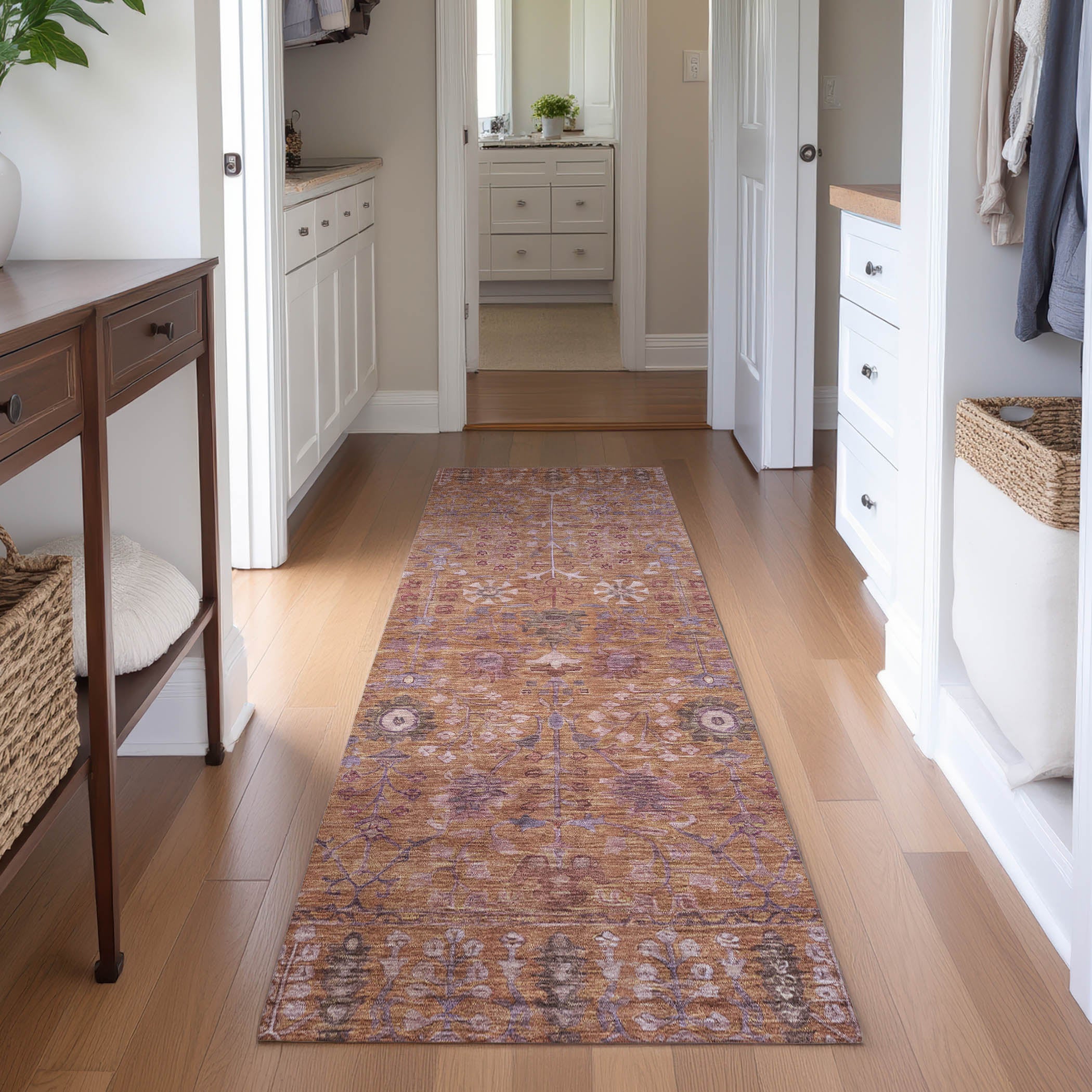 Montevideo Machine Washable Traditional Copper Orange Rug 2'3" x 7'6" #shape_Runner