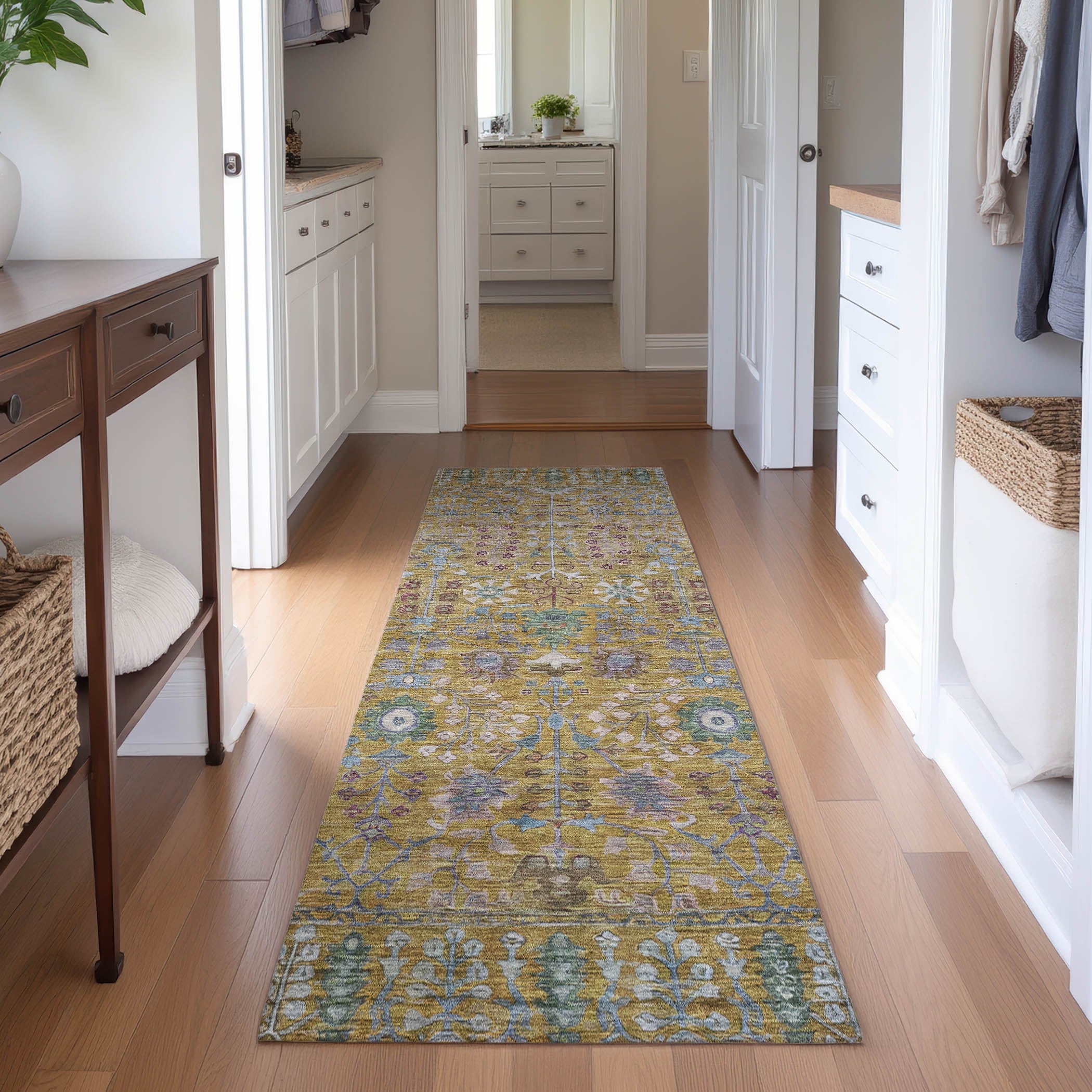 Montevideo Machine Washable Traditional Gold Rug 2'3" x 7'6" #shape_Runner