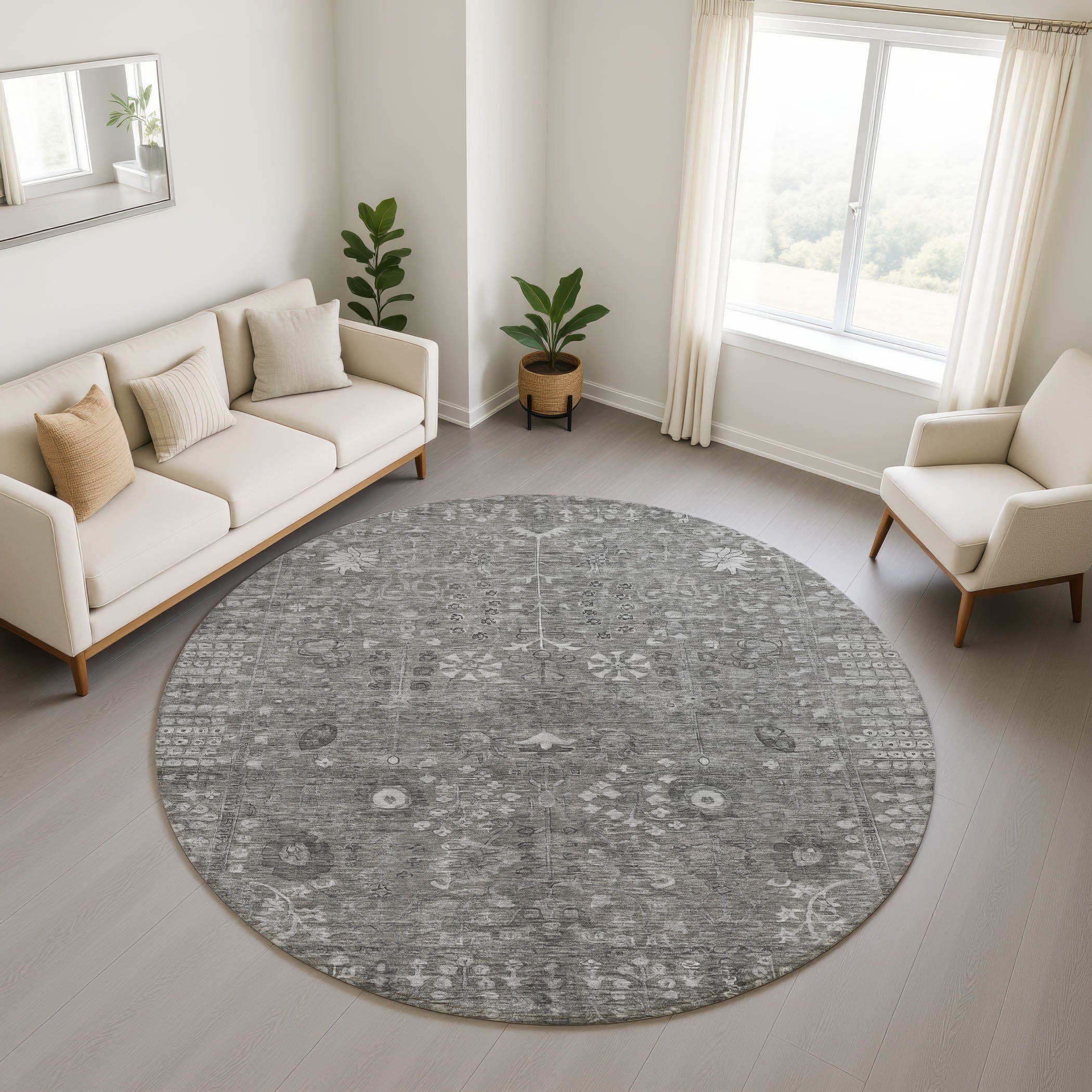 Montevideo Machine Washable Traditional Pewter Gray Rug 8' x 8' #shape_Round