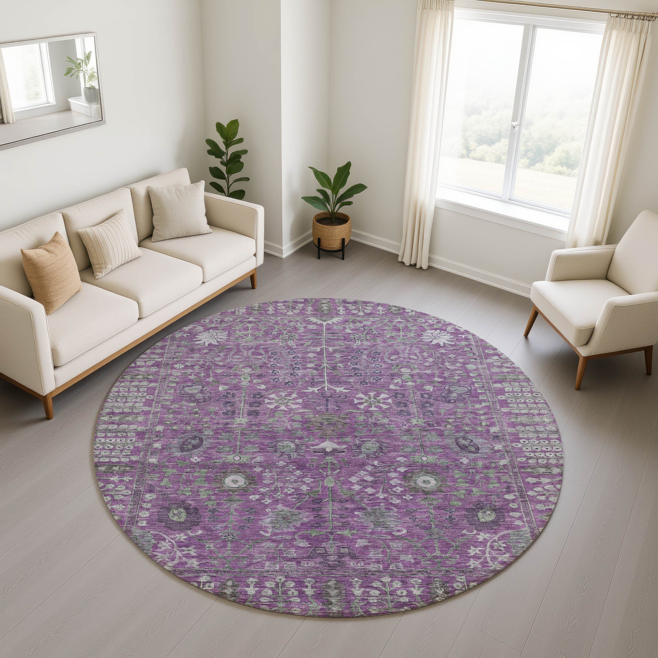 Montevideo Machine Washable Traditional Purple Rug 8' x 8' #shape_Round