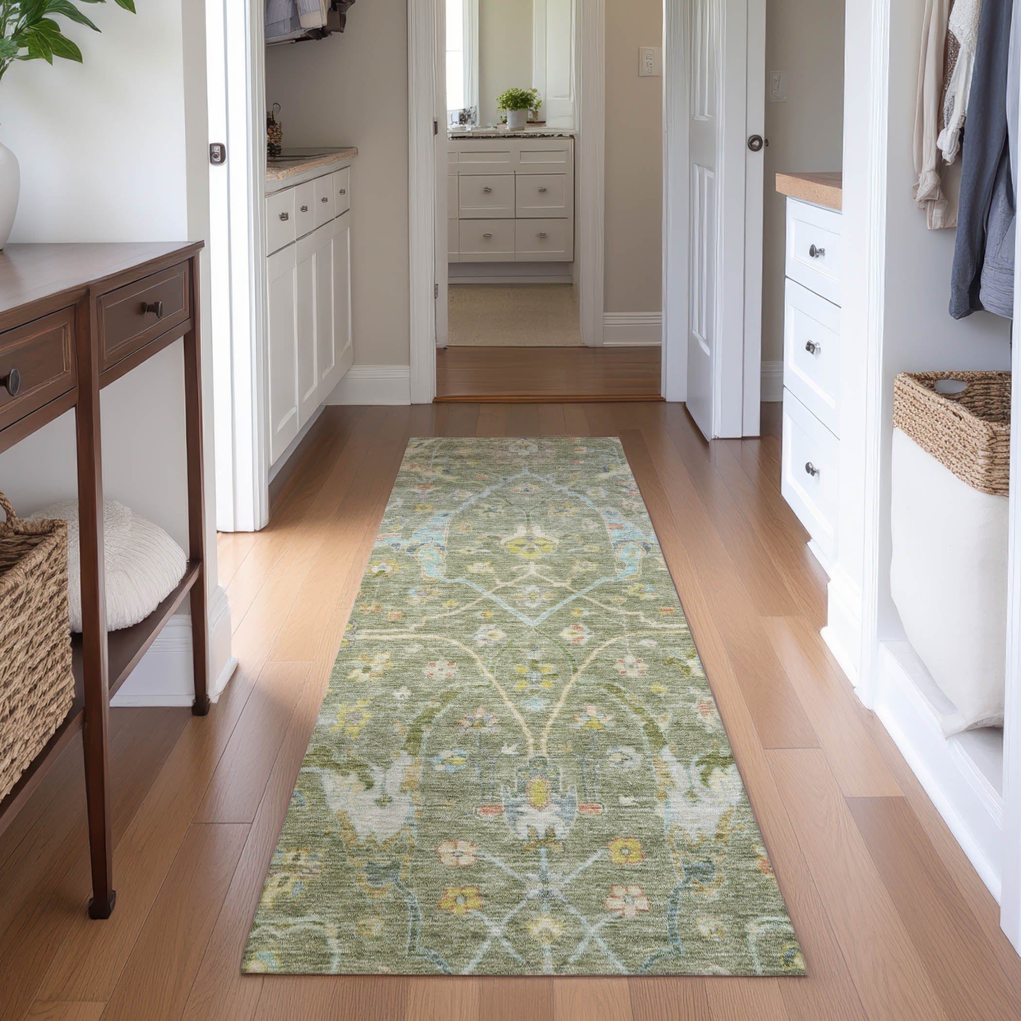 Ghent Machine Washable Traditional Aloe Green Rug 2'3" x 7'6" #shape_Runner