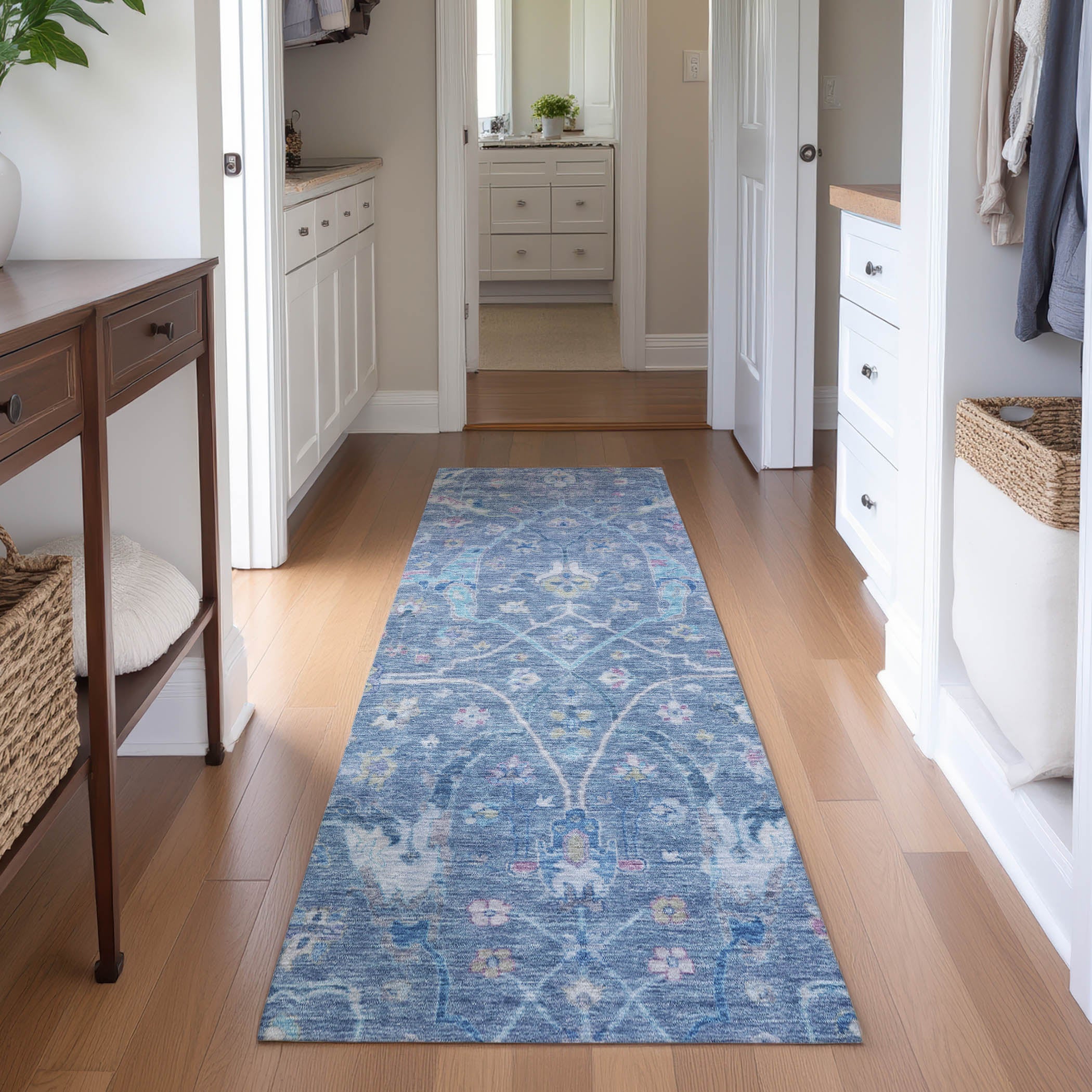 Ghent Machine Washable Traditional Blue Rug 2'3" x 7'6" #shape_Runner