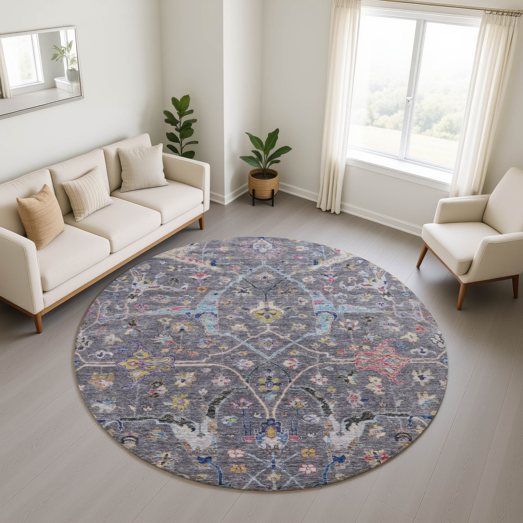Ghent Machine Washable Traditional Gray Rug 8' x 8' #shape_Round