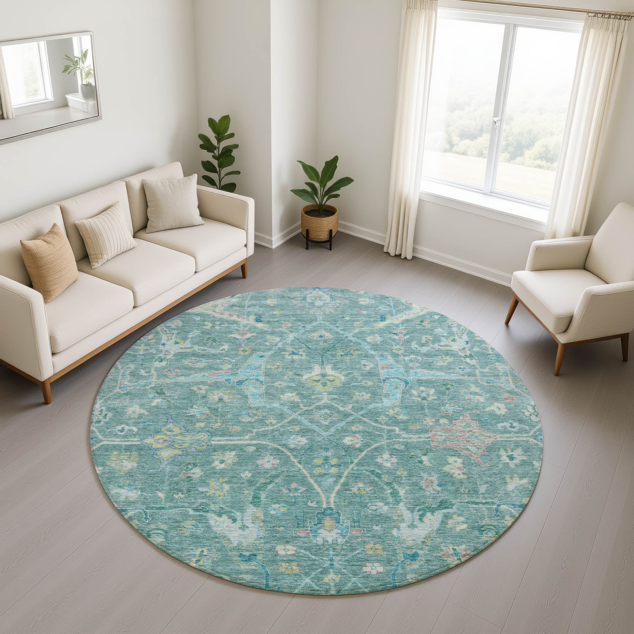 Ghent Machine Washable Traditional Teal Rug 8' x 8' #shape_Round
