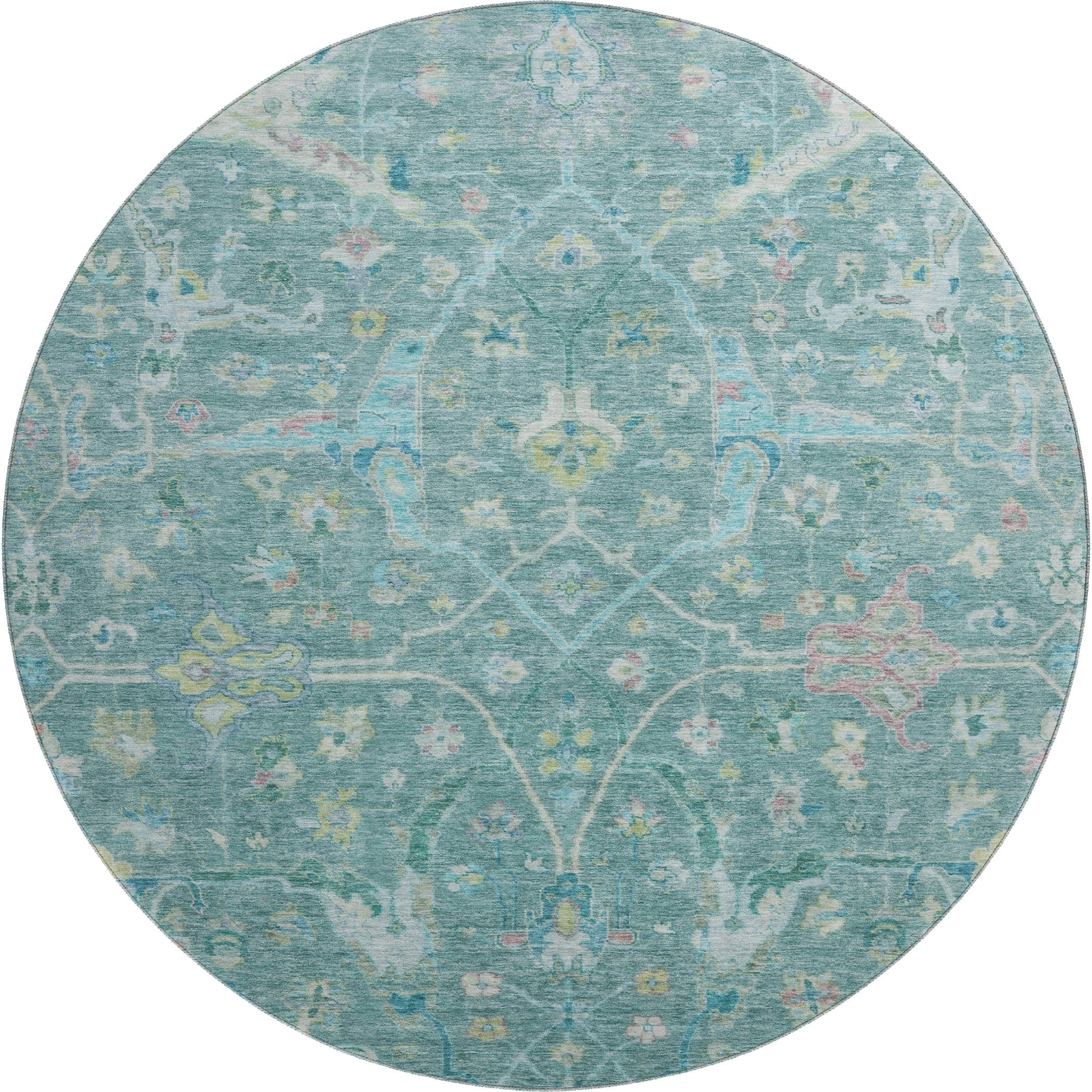 Ghent Machine Washable Traditional Teal Rug 8' x 8' #shape_Round