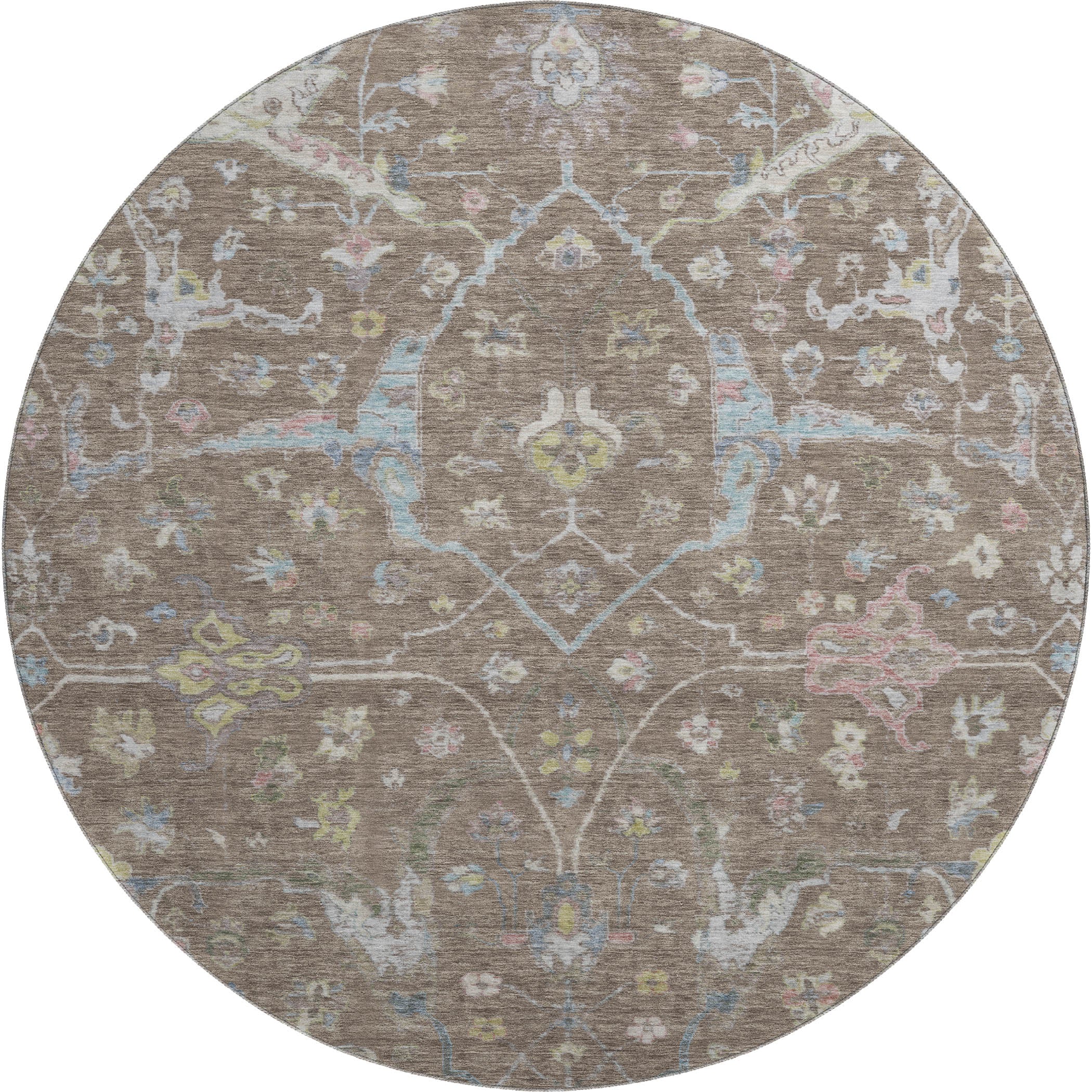 Budapest Machine Washable Traditional Brown Rug 8' x 8' #shape_Round