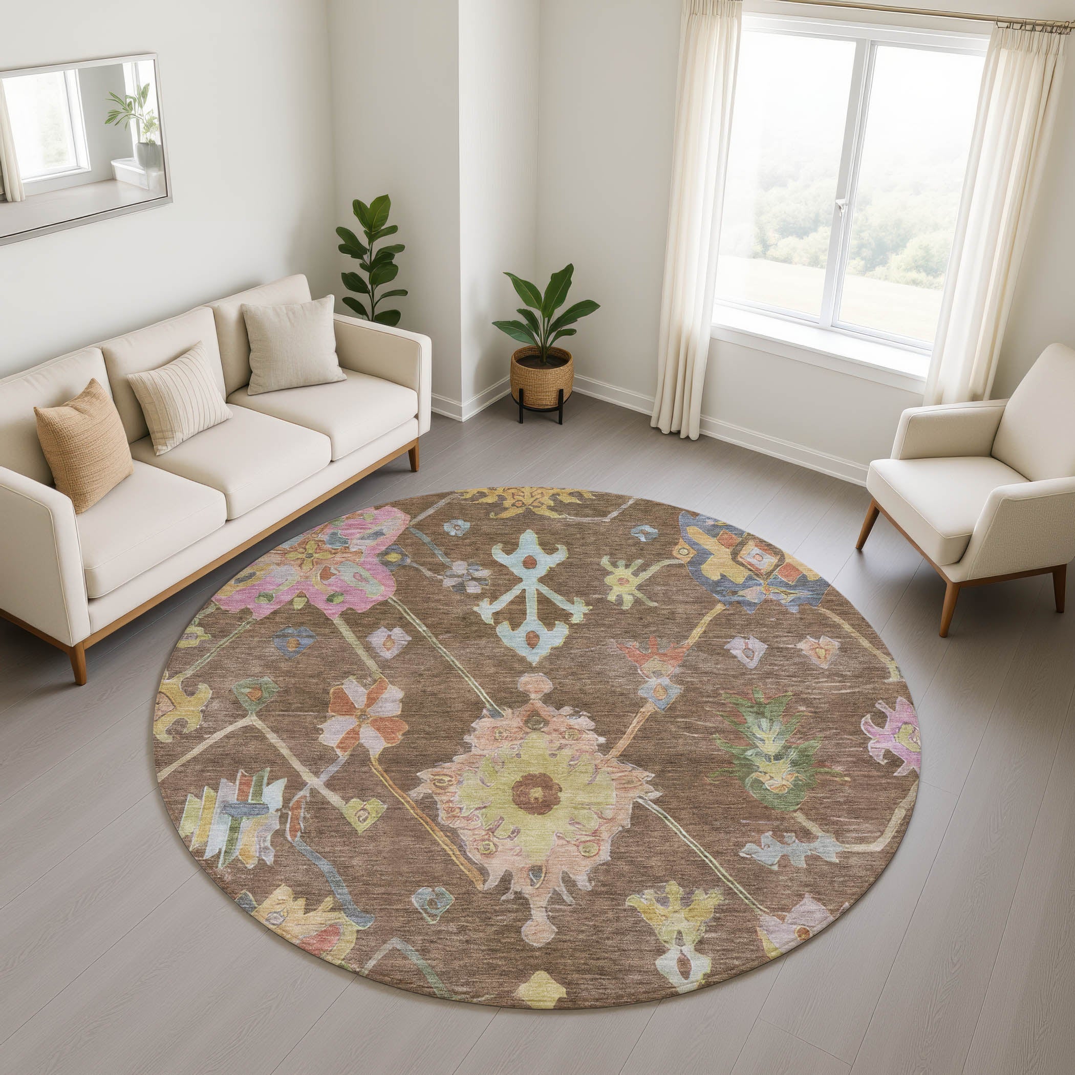 Seville Machine Washable Traditional Brown Rug 8' x 8' #shape_Round