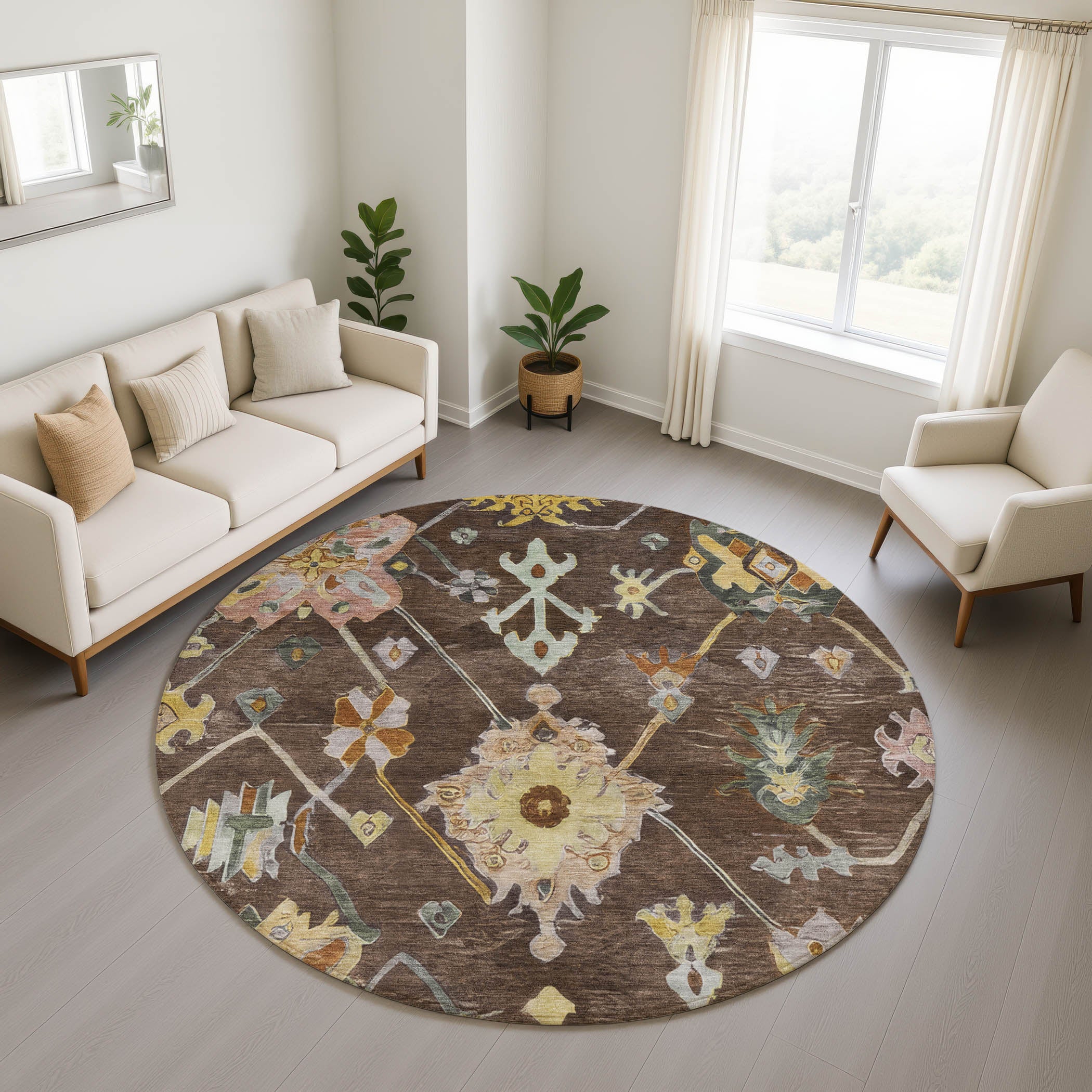 Seville Machine Washable Traditional Chocolate Brown Rug 8' x 8' #shape_Round