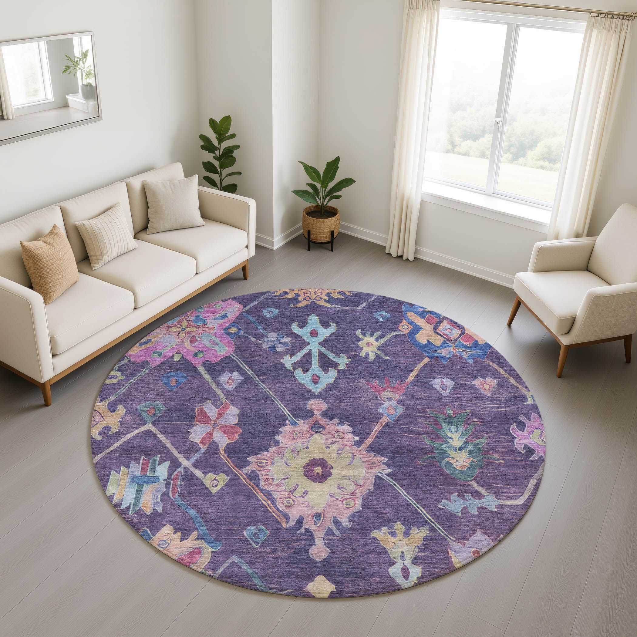 Seville Machine Washable Traditional Eggplant Purple Rug 8' x 8' #shape_Round
