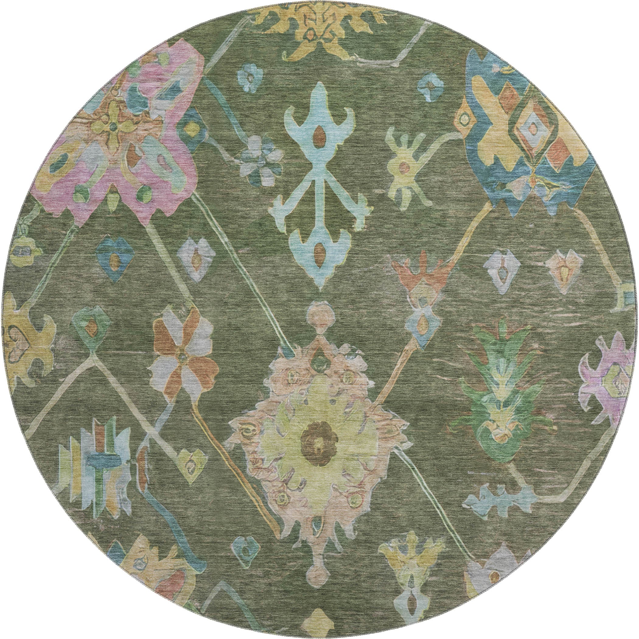 Seville Machine Washable Traditional Fern Green Rug 8' x 8' #shape_Round