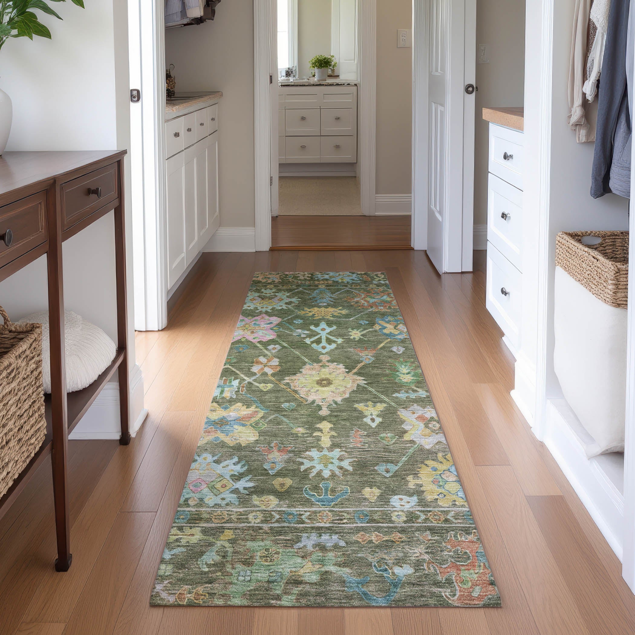 Seville Machine Washable Traditional Fern Green Rug 2'3" x 7'6" #shape_Runner