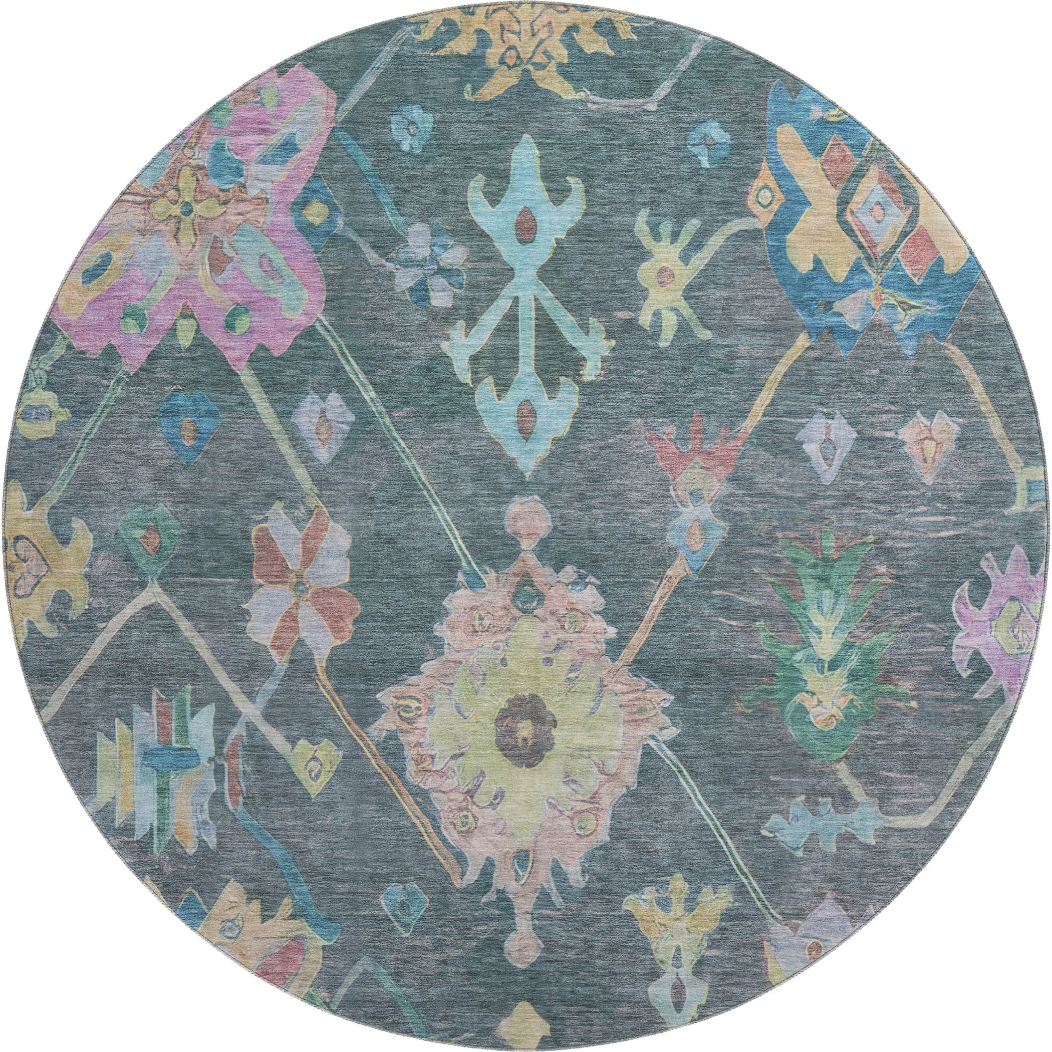 Seville Machine Washable Traditional Teal Rug 8' x 8' #shape_Round