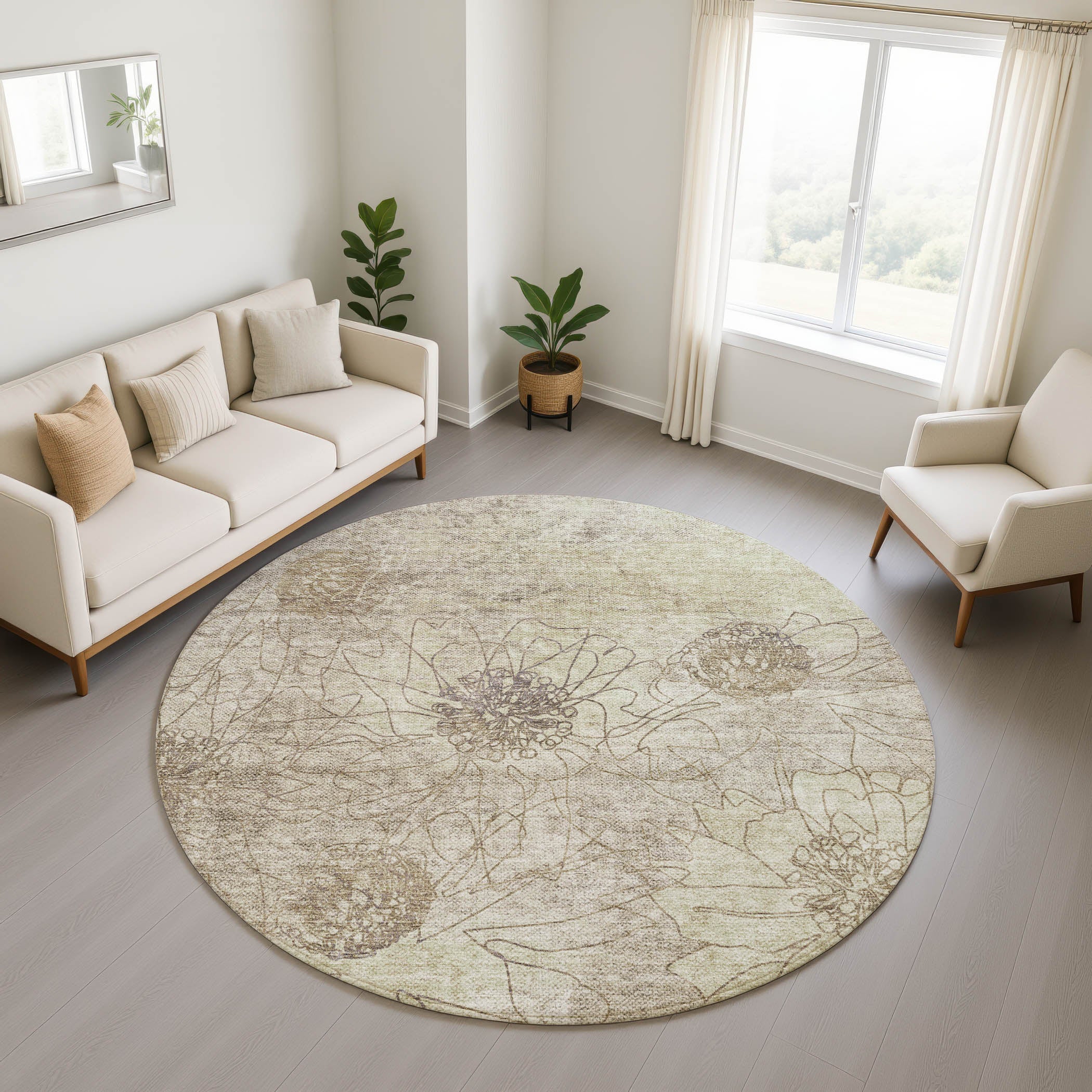 Oaxaca Machine Washable Transitional Brown Rug 8' x 8' #shape_Round